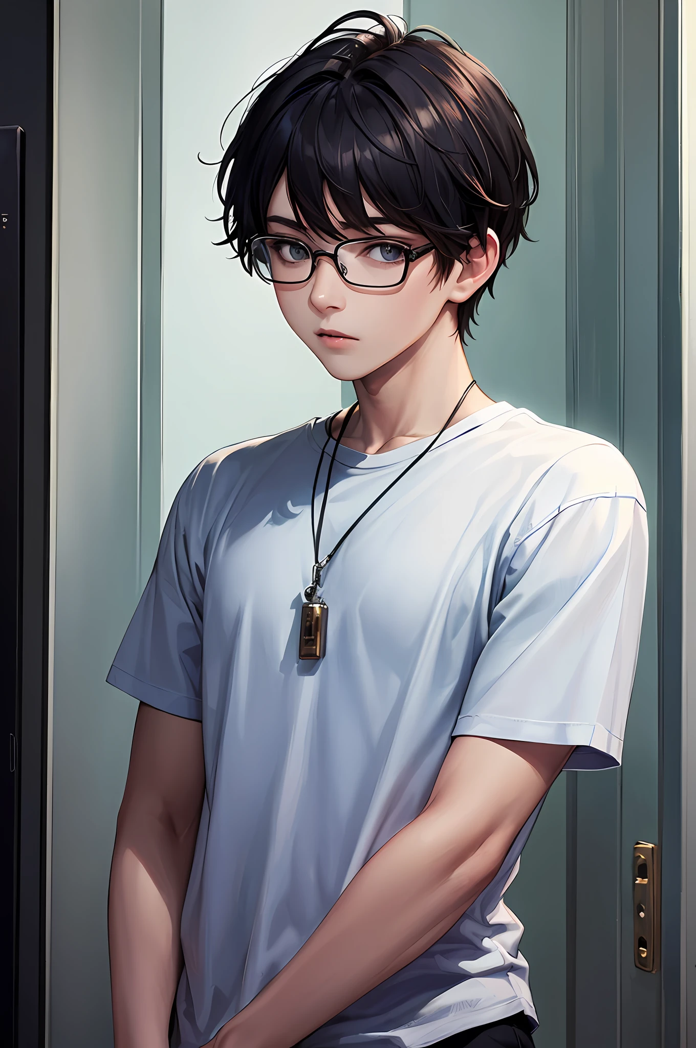 (​masterpiece、top-quality、top-quality、Official art、Beautifully Aesthetic:1.2)、(1 boy:1.3)、eye glass、shortsleeves、tshirts、Plain T-shirt、ighly detailed、highestdetailed、A dark-haired、(shinny skin)、a little muscle