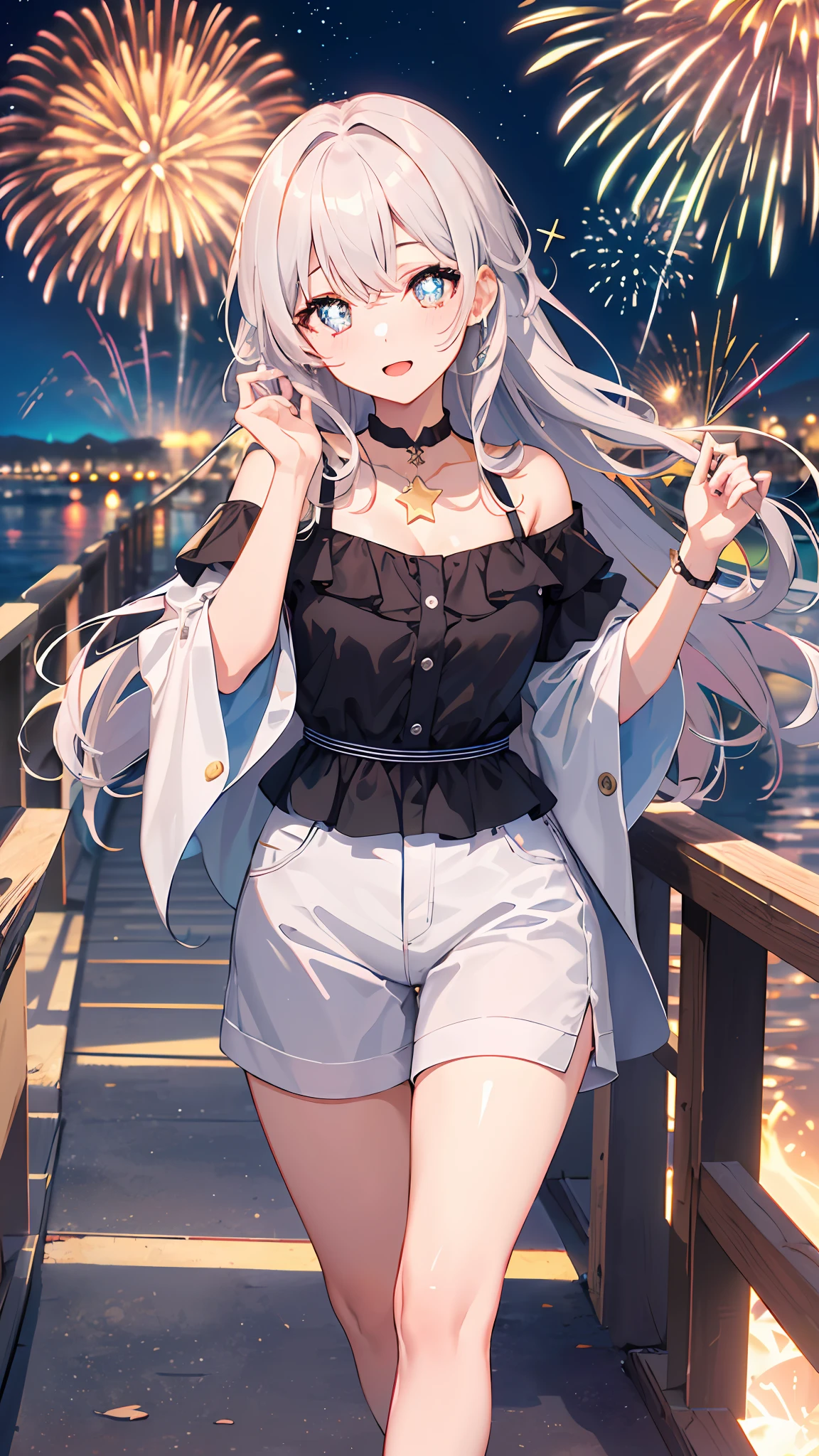 (masterpiece, best quality), ((1girl, (mature female) long hair), (star-shaped pupils, +_+, symbol-shaped pupils, sparkling eyes)), (looking at viewer, light smile, off shoulder), (walkway, fireworks, chromatic aberration),