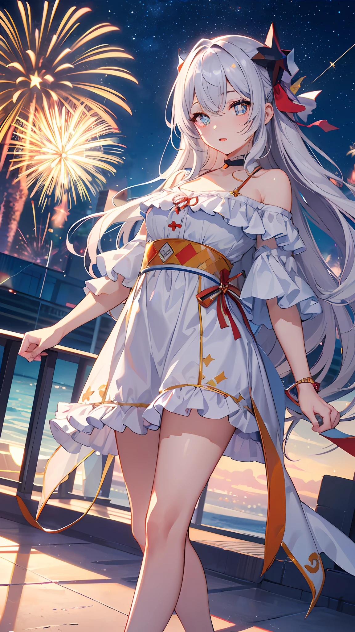 (masterpiece, best quality), ((1girl, (mature female) long hair), (star-shaped pupils, +_+, symbol-shaped pupils, sparkling eyes)), (looking at viewer, light smile, off shoulder), (walkway, fireworks, chromatic aberration),