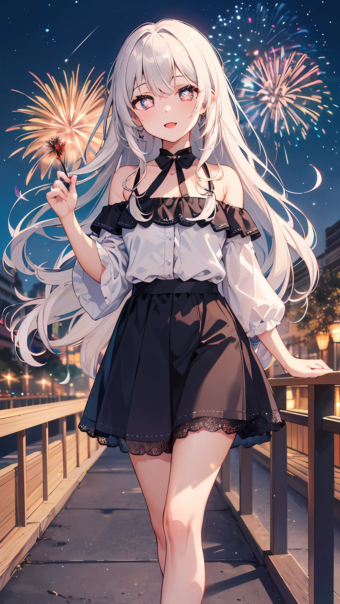 (masterpiece, best quality), ((1girl, (mature female) long hair), (star-shaped pupils, +_+, symbol-shaped pupils, sparkling eyes)), (looking at viewer, light smile, off shoulder), (walkway, fireworks, chromatic aberration),