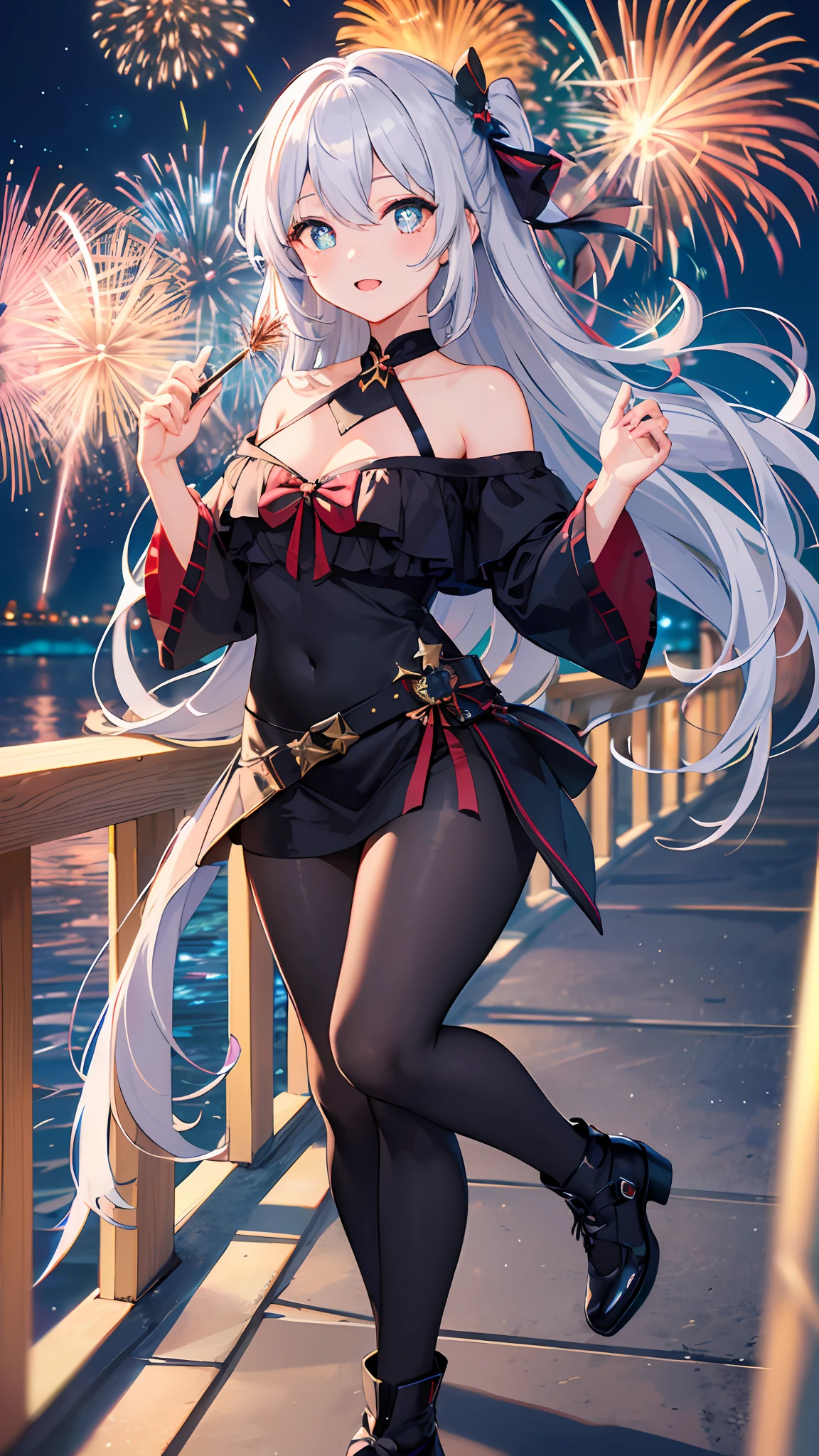 (masterpiece, best quality), ((1girl, (mature female) long hair), (star-shaped pupils,  +_+, symbol-shaped pupils, sparkling eyes)), (looking at viewer, light smile, off shoulder), (walkway, fireworks, chromatic aberration),