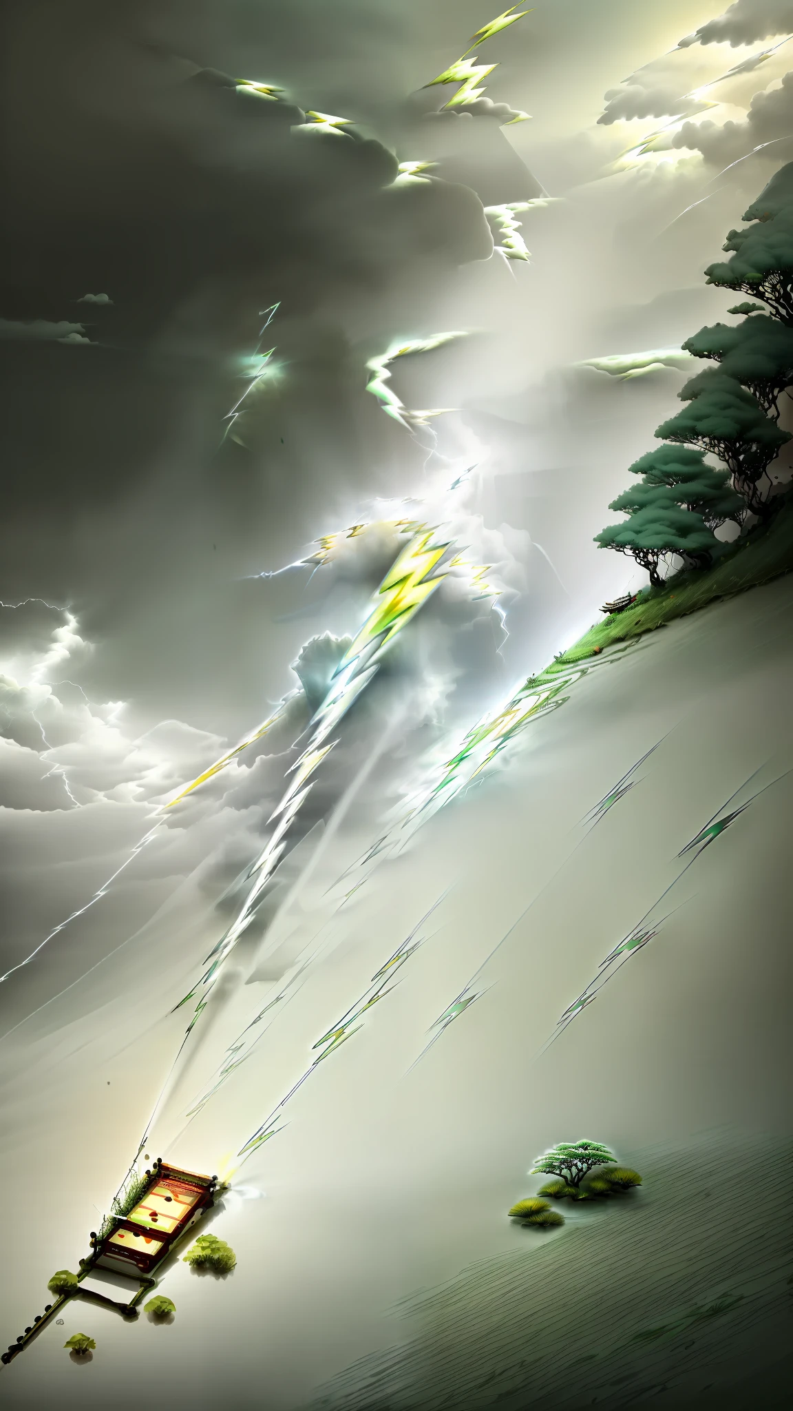 ((picture quality is high),(Chinese wonderland,Immortal Sword,(serene,Lie on the ground,Top-down view)),((Incorporate lightning:1.4)+(Ambush hidden:0.7)),((The green leaves are wrapped in lightning),(The feeling of oscillation)),Light effect(stepped))