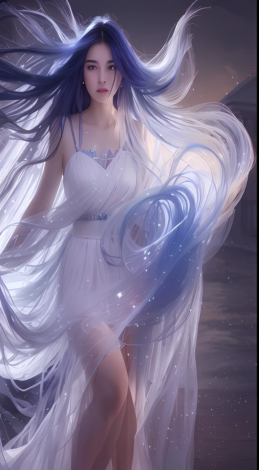 A woman in a long dress is dancing with a red and blue ribbon, flowing magical robe, Beautiful digital artwork, Flowing robes, Flowing white robe, Flowing fabric, floating dress, ethereal essence, Very Beautiful Digital Art, Digital artwork 4 K, beautiful digital art, Digital Art 4K, Digital Art 4 K, Exquisite digital illustration, silk flowing in wind, flowing robe