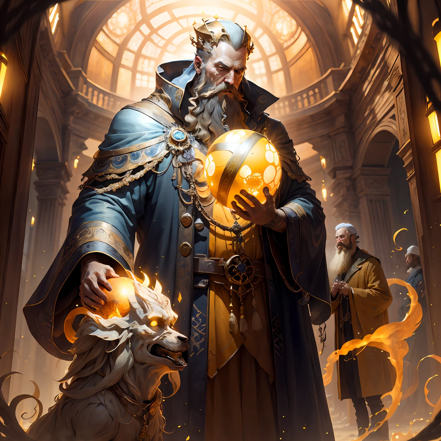 full bodyesbian、Silver King、human shape、a beard、Sunny beach、religion、spiritual、Luminous Ghost、Holding a huge tin cane、Luminous sphere