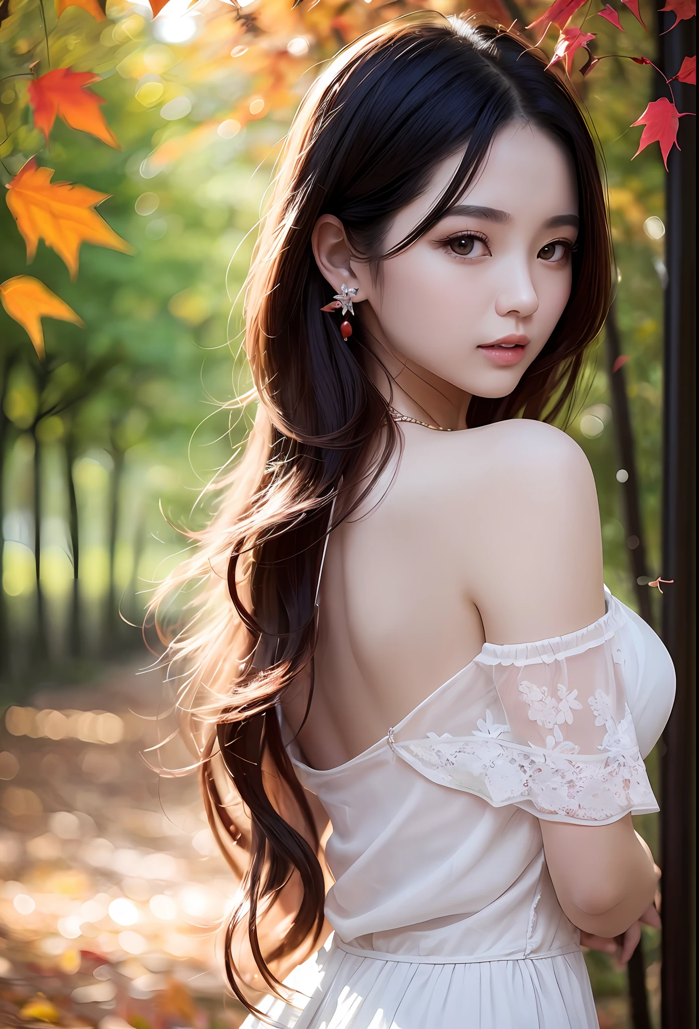 Beautuful Women、(top-quality、in 8K、32K、​masterpiece、nffsw:1.3)、(Photorealsitic:1.4)、realisitic:1.2、Detailed skin、Elegant Pose Sun Glare、lensflare、Detailed shading by sunlight、depth of fields、blurry backround、(Dark Red Off-Shoulder Dress)、
kyoto、jpn、((autumn day))、Rows of autumn leaves、ear ornament、lady's、a necklace、(A sexy:1.2)、breastsout、