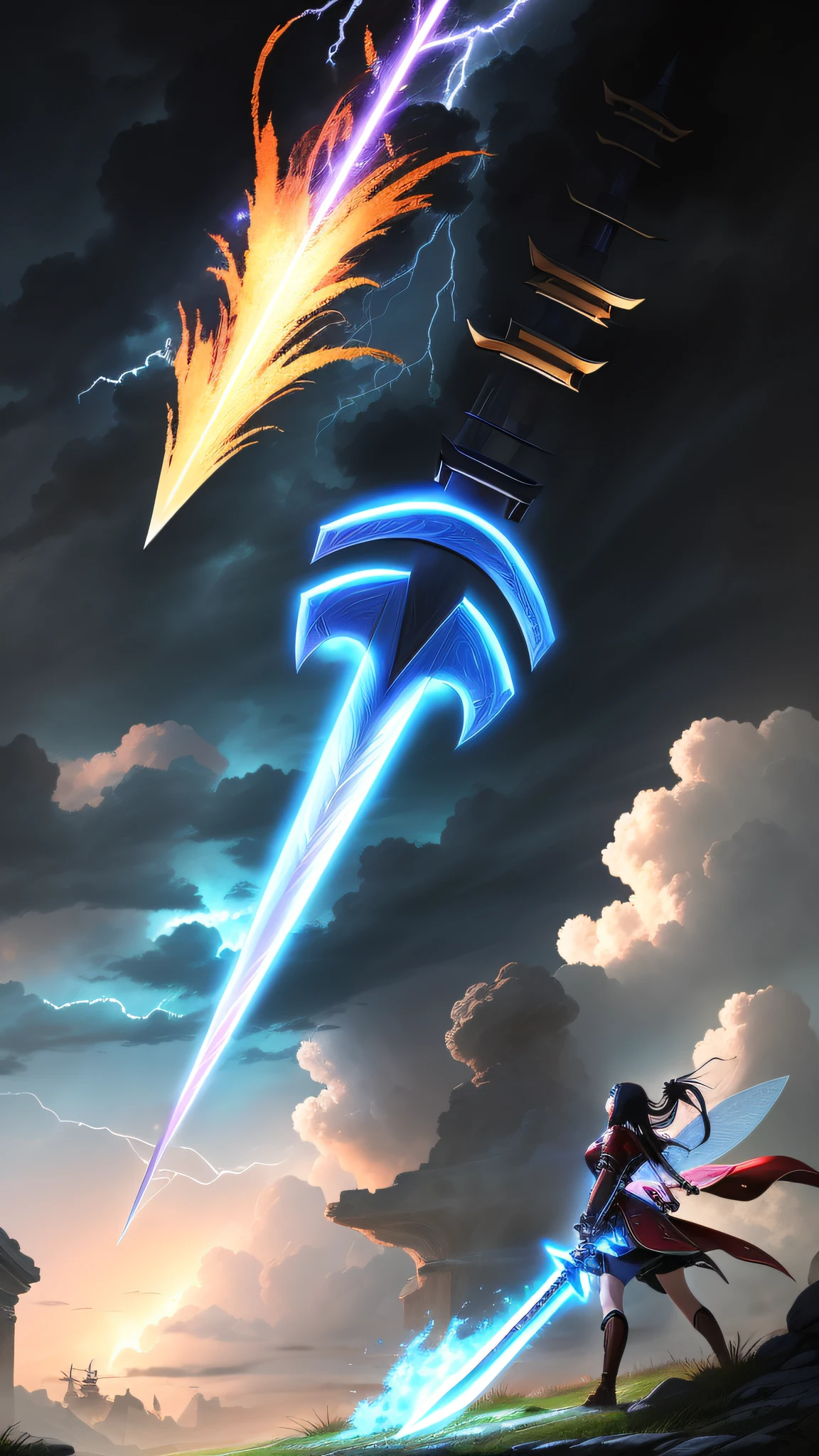 Ancient battlefield,The legendary fairy sword cuts through the sky,Lightning flashed from the sword,Extremely fast。