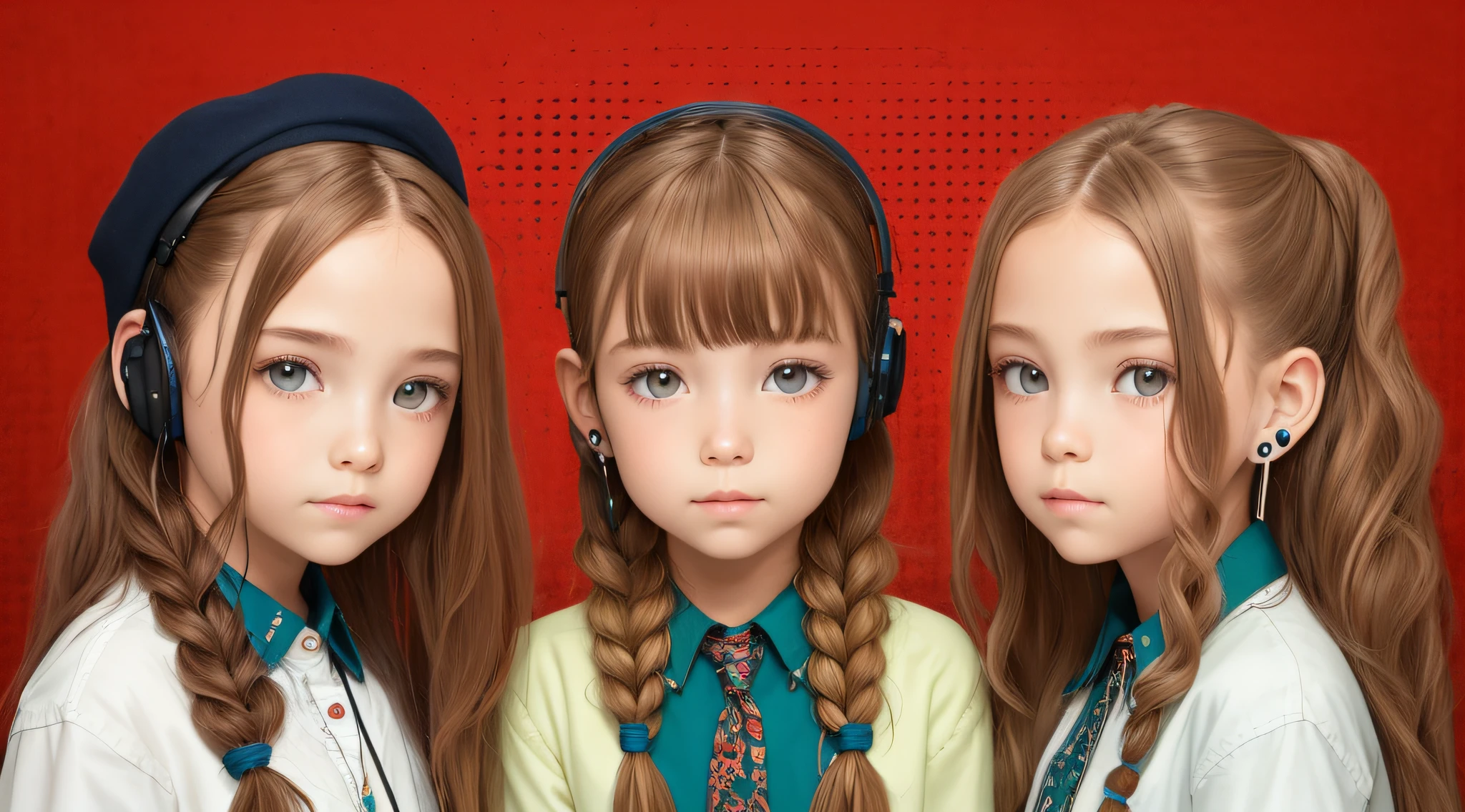 Triplets with ruivas hair braids ,fones de ouvido, hellchild em segundo plano,