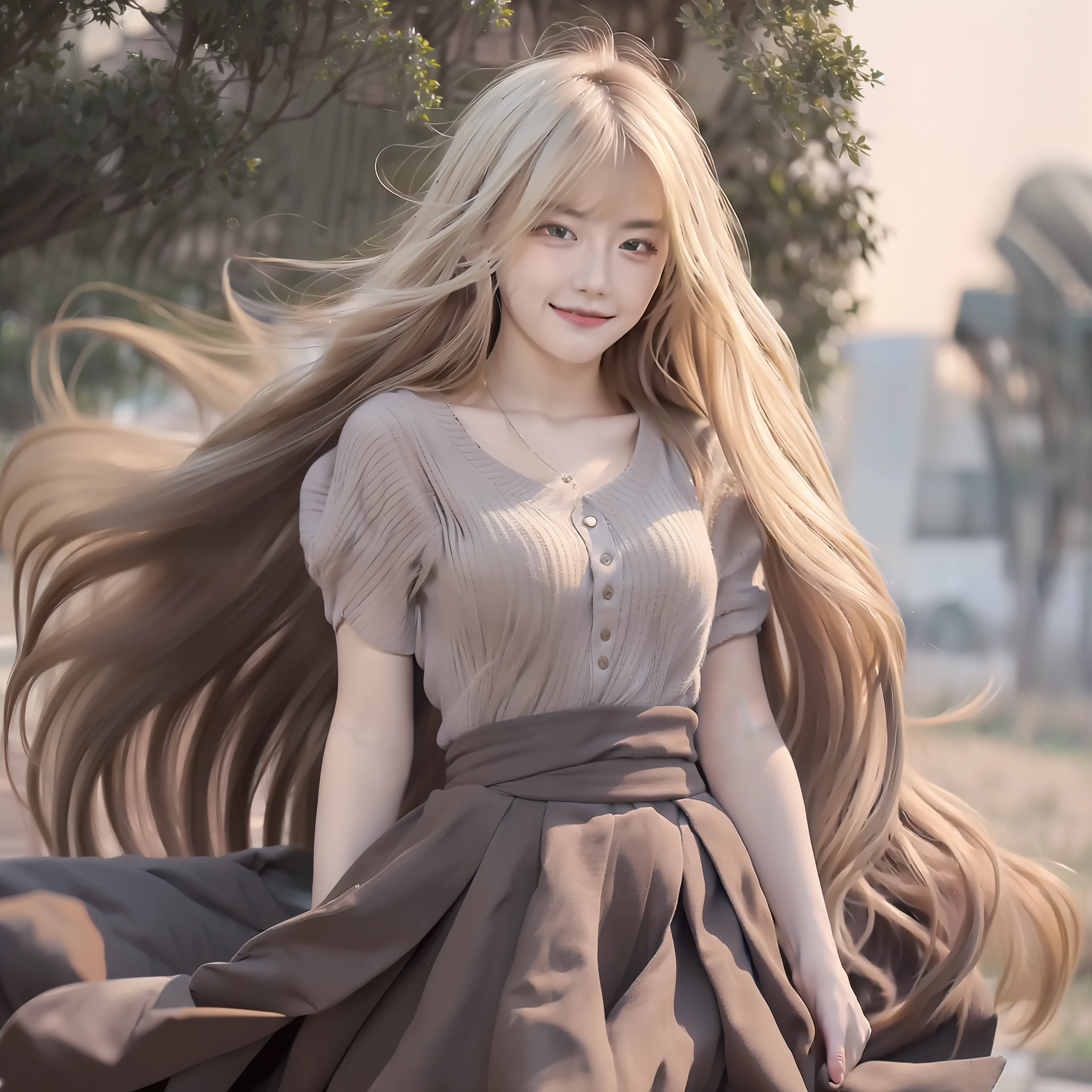 "((Beautiful picture, Best quality, k hd, Excellent depiction, Beautiful standing painting, outside,parks, It's exciting), (girl with super long hair+blond girl:1.2), Unique temperament, ssmile, Exudes fragrance,Scots folding skirt,Extremely long hair,Floating hair,Big wind) "