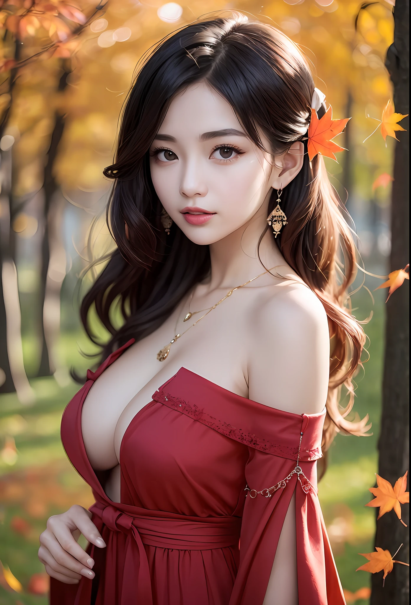 Beautuful Women、(top-quality、in 8K、32K、masterpiece、nffsw:1.3)、(Photorealsitic:1.4)、realisitic:1.2、Detailed skin、Elegant Pose Sun Glare、lensflare、Detailed shading by sunlight、depth of fields、blurry backround、(Dark Red Off-Shoulder Dress)、
kyoto、jpn、((autumn day))、Rows of autumn leaves、ear ornament、lady's、a necklace、(A sexy:1.2)、breastsout、
