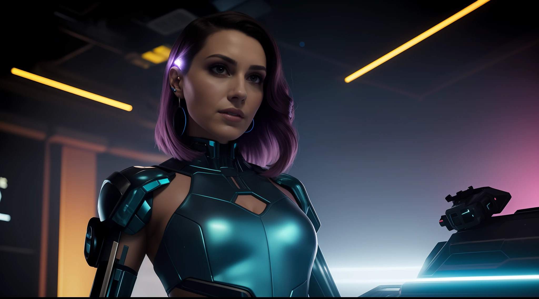 Close-up, An extraordinarily beautiful woman is in a cyberpunk nightclub. She's shrouded in a haze of smoke . Your holographic costume. Her hair is adorned with futuristic accessories and shiny strands. She's surrounded by people dancing., each of them with a unique appearance and characterized by cybernetic modifications. The atmosphere is electric, and the woman radiates an aura of confidence and power, Cyberpunk aesthetics, foco nítido, Studio photo, detalhes intrincados, altamente detalhado, profundidade de campo, foco nítido, High detail, textura de pele realista, Realistic, fotorrealista, Arte Digital, tinta escura, Directed by: Greg Rutkowski