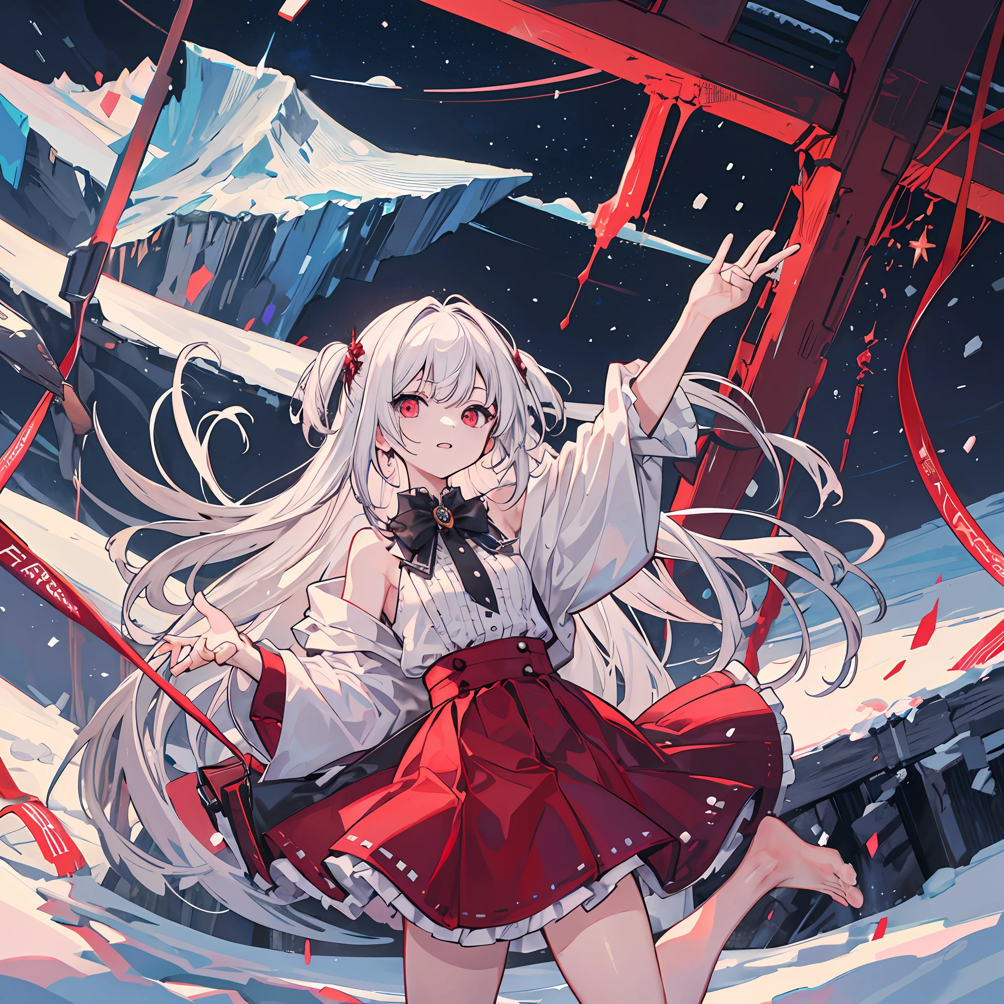 Need,tmasterpiece,8k,Super meticulous,White-haired girl,red color eyes,Tattered skirts,Barefoot,snow mountains,the night,glacier,extreme light