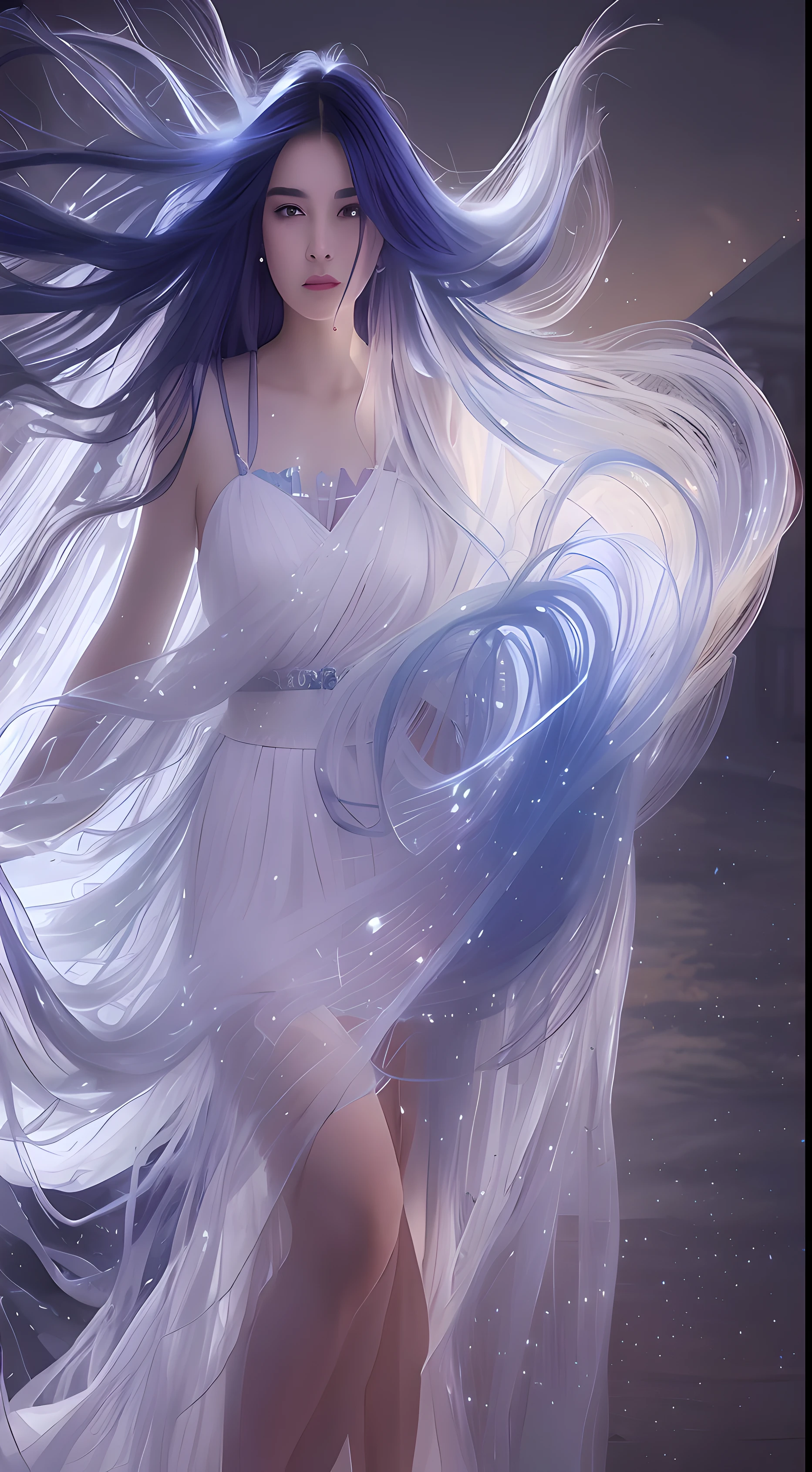A woman in a long dress is dancing with a red and blue ribbon, flowing magical robe, Beautiful digital artwork, Flowing robes, Flowing white robe, Flowing fabric, floating dress, ethereal essence, Very Beautiful Digital Art, Digital artwork 4 K, beautiful digital art, Digital Art 4K, Digital Art 4 K, Exquisite digital illustration, silk flowing in wind, flowing robe