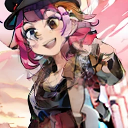 HighestQuali、high detal、8K、anime goddess，Pink hair red hidden dye，Anime girl wearing light brown hat wearing black shirt，Light brown trench coat，Jujube red hip wrapped skirt，Dark brown boots，A smile on his face，anime visual of a cute girl
