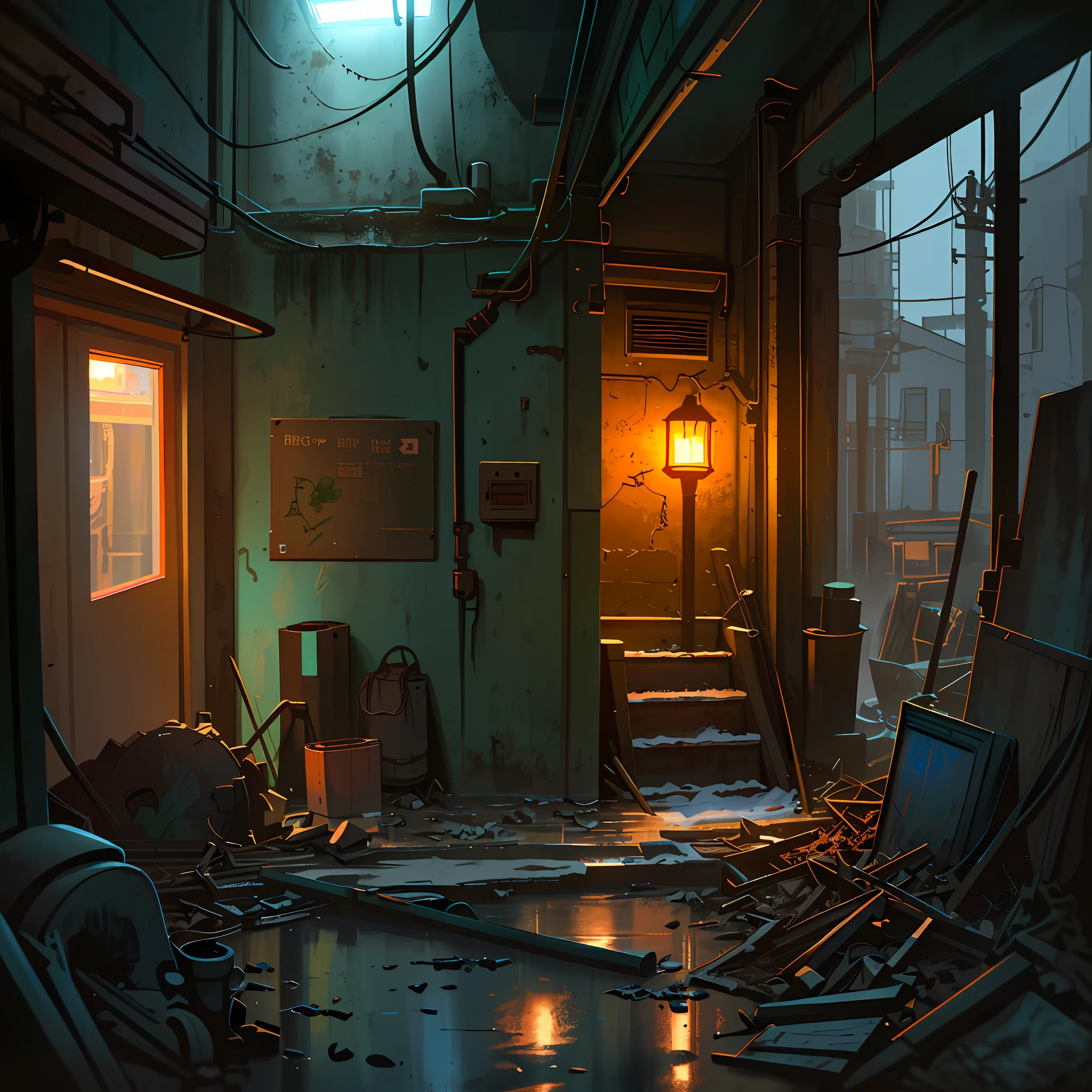 hyperrealistic and very detailed illustration of the entrance of a patio, point of view from the outside, image very loaded with objects, point of view from below, dirty cement stairs with cracks, green wastebasket, metal signs, seats, cables, pole, pastel blue telephone booth, rusty guardrails, pipes, pipes in the walls, electric meter, gray and dark walls, empty boxes, old papers on the floor, damaged wall paint, some garbage on the floor, metal and rusty scrap, machine parts (rusty, brown), very detailed advertisements on the neon wall, spotlight lights (very radiant blue light), artificial and sterile environment, very dark night, fog and somewhat dense smoke, very dark landscape shadows, red and green neon lights, night, some snow all over the landscape, humidity, puddles of water reflecting the dim ambient light
