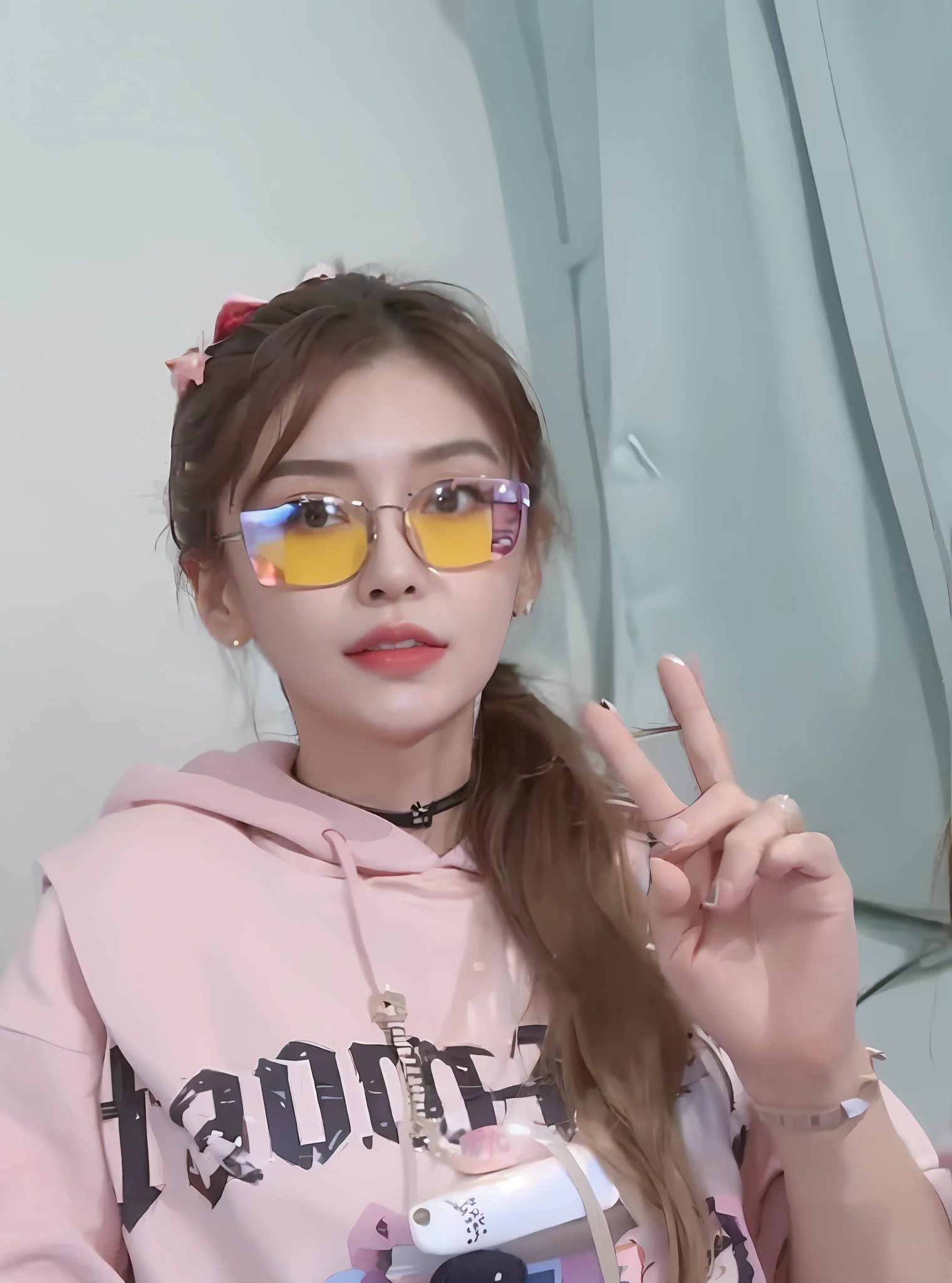 Close-up of a man wearing sunglasses and a pink hoodie, tzuyu from twice, belle delphine, jossi of blackpink, ulzzangs, roseanne park of blackpink, with square glasses, Ruan cute vtuber, Porquimane, lalisa manoban of blackpink, wearing thin large round glasses, with sunglass, Pink glasses