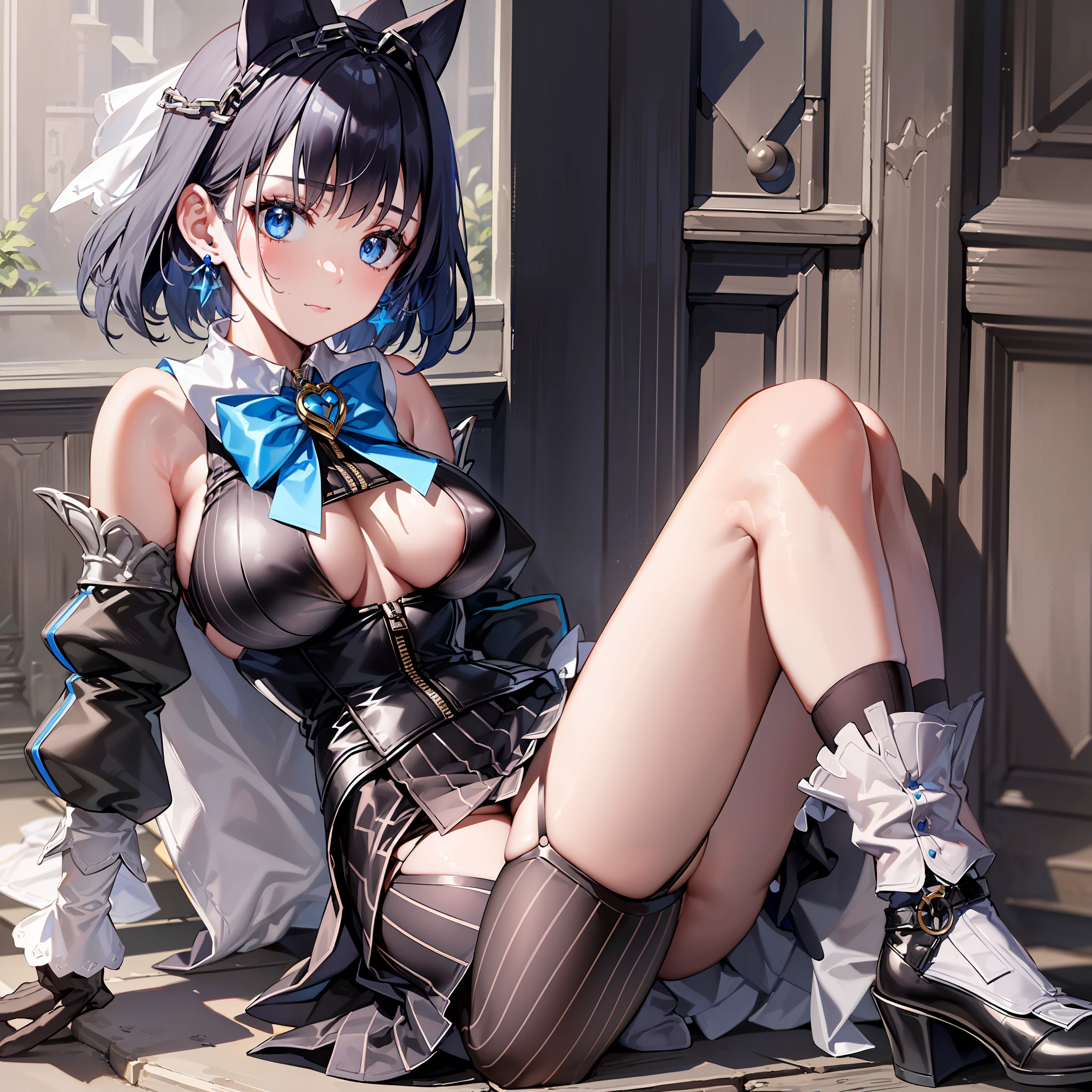 (((Masterpiece)), (Best Quality), Eurukroni, 1 girl, solo, breasts, short hair, skirt, shirt, thigh, gloves, long sleeves, bow, bare shoulders, jewelry, white shirt, earrings, split sleeves, sleeveless, black gloves, stripes, fluffy sleeves, black thighs, mini skirt, black skirt, bow tie, clothing cutout, sleeveless shirt, chain, blue bow, openwork, vertical stripe, zipper, asymmetric socks, striped skirt, head chain, bow earrings, (NSFW:1.2), Full body, solo