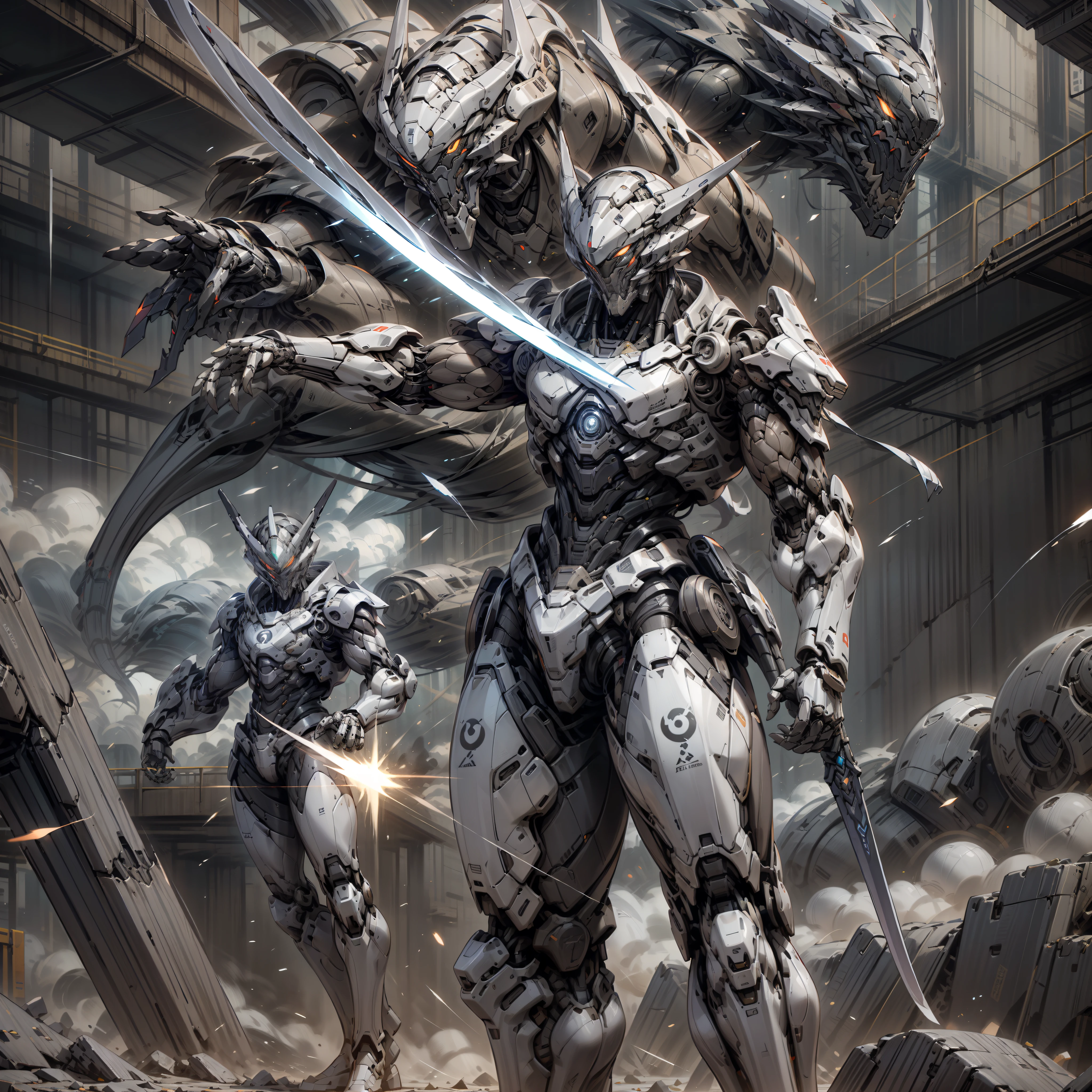 Tall mech,Silver-white body,Black and white,Use the plasma sword,There is a dragon particle effect,Yin and Yang gossip,Formation,mechanical sense,sense of strength,Sense of space,combats,cyber punk perssonage,Human body modification,Structurally sound,Battle instant,high-quality face,4K,High quality,Masterpieces