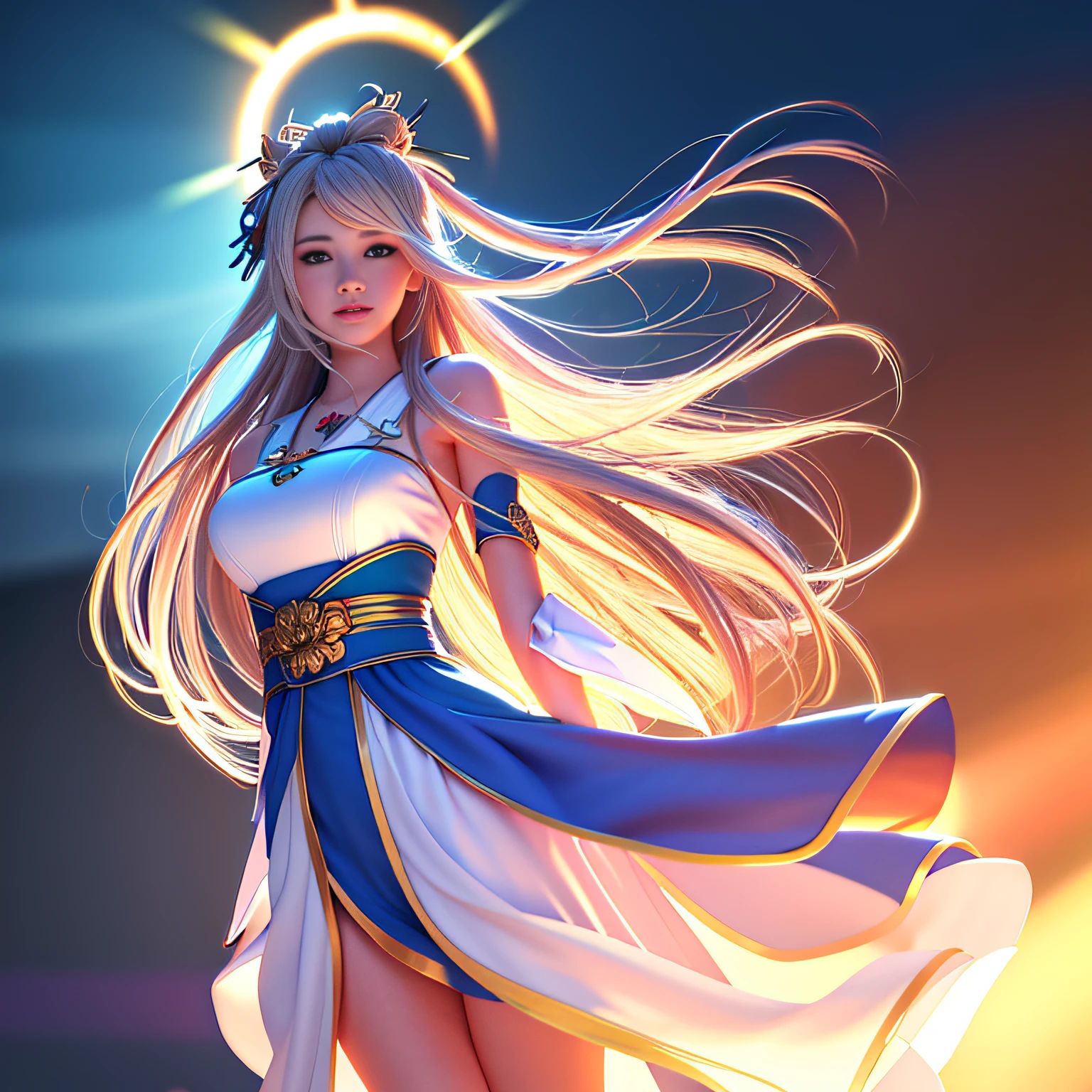 1个Giant Breast Girl，cabelos preto e longos，Qi bangs，, Flowing hair，White bow hairpin，beauitful face，A sea of flowers in perfect proportions, Cinematic lighting, filmgrain, Fuji colors, lightand shade contrast, 8K, 巨作, Textured skin, Super detail, high detal, High quality, A high resolution,