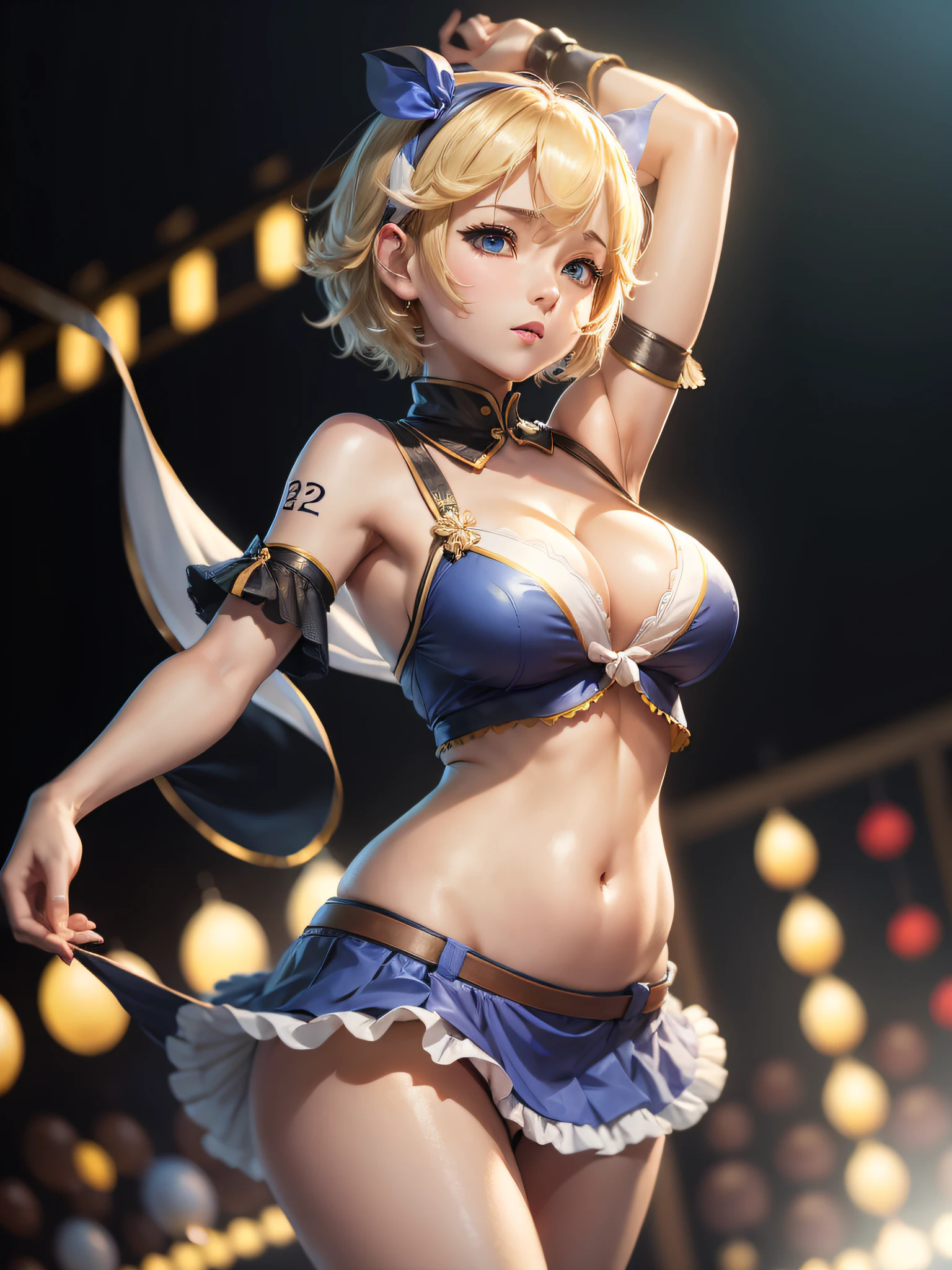 Kaga Upper Rin, Short hair, Hair ribbon, number tattoo, ribbon, White transparent shirt, gigantic cleavage breasts，tit，Detached sleeves, vocaloid, kagamine_Also,White ribbon, Blonde, Blue eyes, Belly dancing, Beautiful view, in style of kyoto animation, Arabic style, Woman in belly dancing costume with crowd background, shrinks