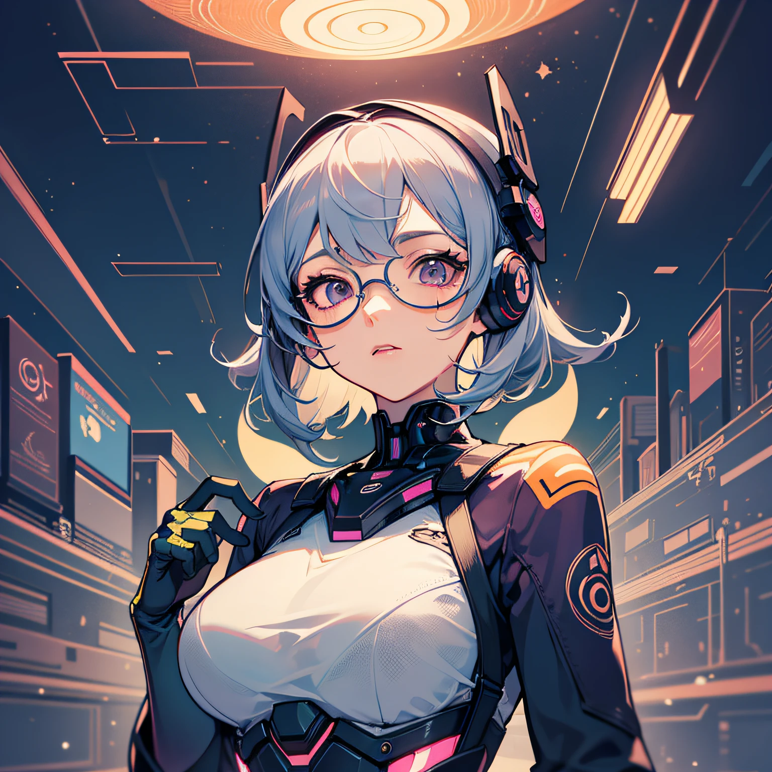 ((tmasterpiece)), ((ultra - detailed)), ((best qualtiy)), 美丽细致的眼睛, Detailed face, The best lighting, The best shades, 1 rapariga,独奏, ((cyber punk style, edge lit, machine arm,Hologram aura,Surreal Science Fiction Art,Future Science Fiction Aesthetics,Flat 2D style)), ((The main colors are purple and green)), Huge light bulb, (Girl inside the screen:1.5),Mobile Paradise,Orange bulb,A world made up of mobile phones,Gamepad,VR glasses,Virtual screen, freckle, Cold nose, (((Buble))), illustration,japanese inspired, (highly detailed), Whirlpool effect,