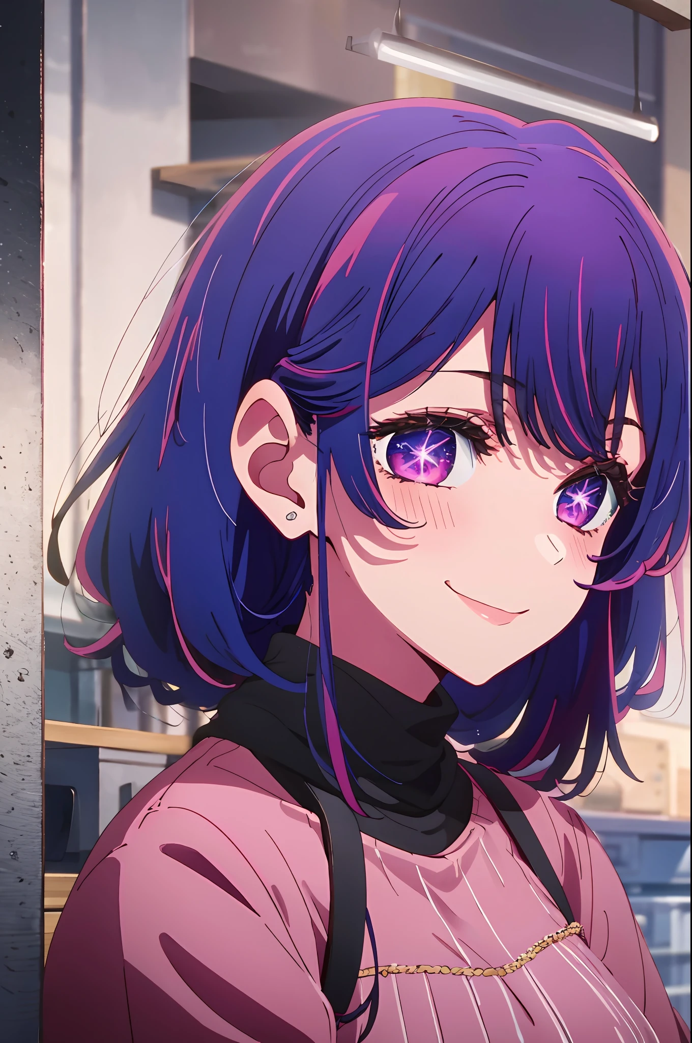 masterpiece、ighly detailed、(1 girl in:1.2)、purple color hair、pink dress、big eye、a closeup、a smile、8K
