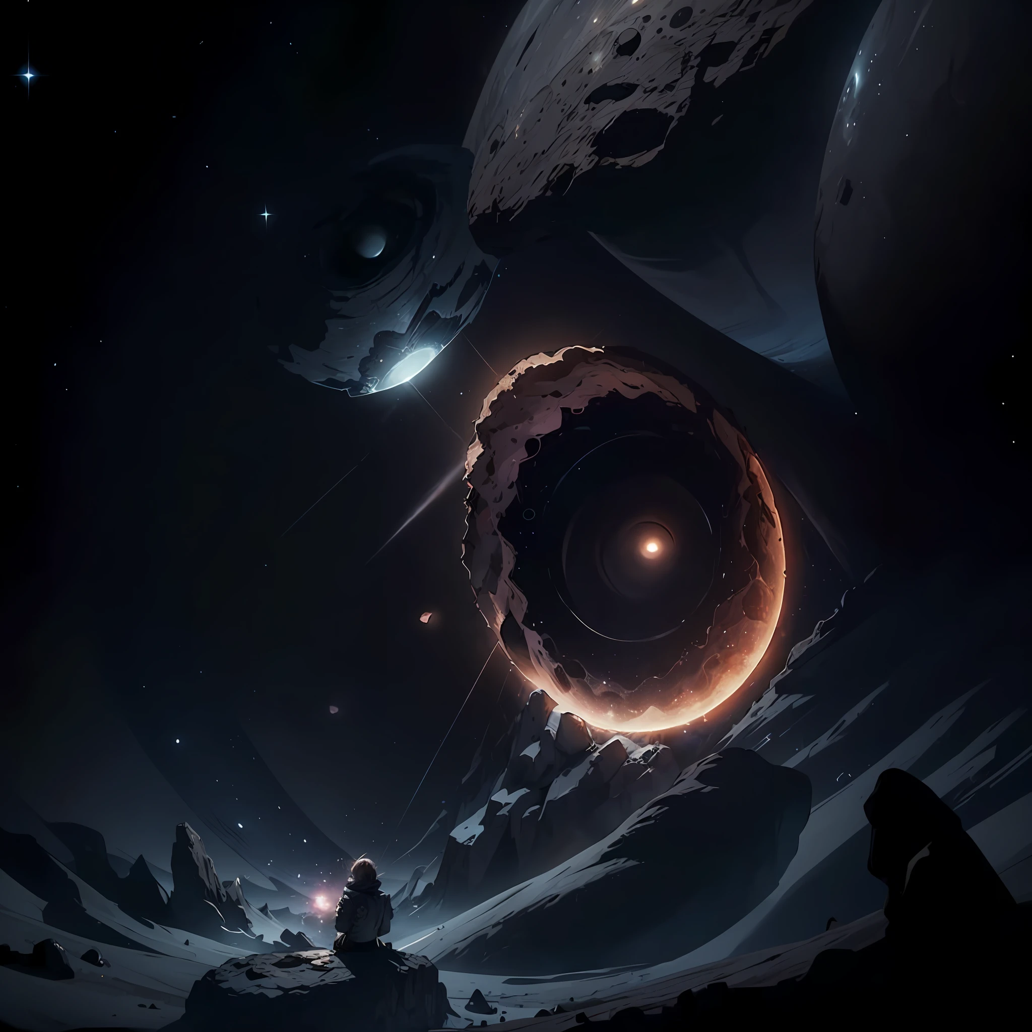 Black hole belt accretion disks engulf neutron stars。The teenager sits on a nearby asteroid,looking at the stars( Reduce the proportion of people in the figure),Ray traching