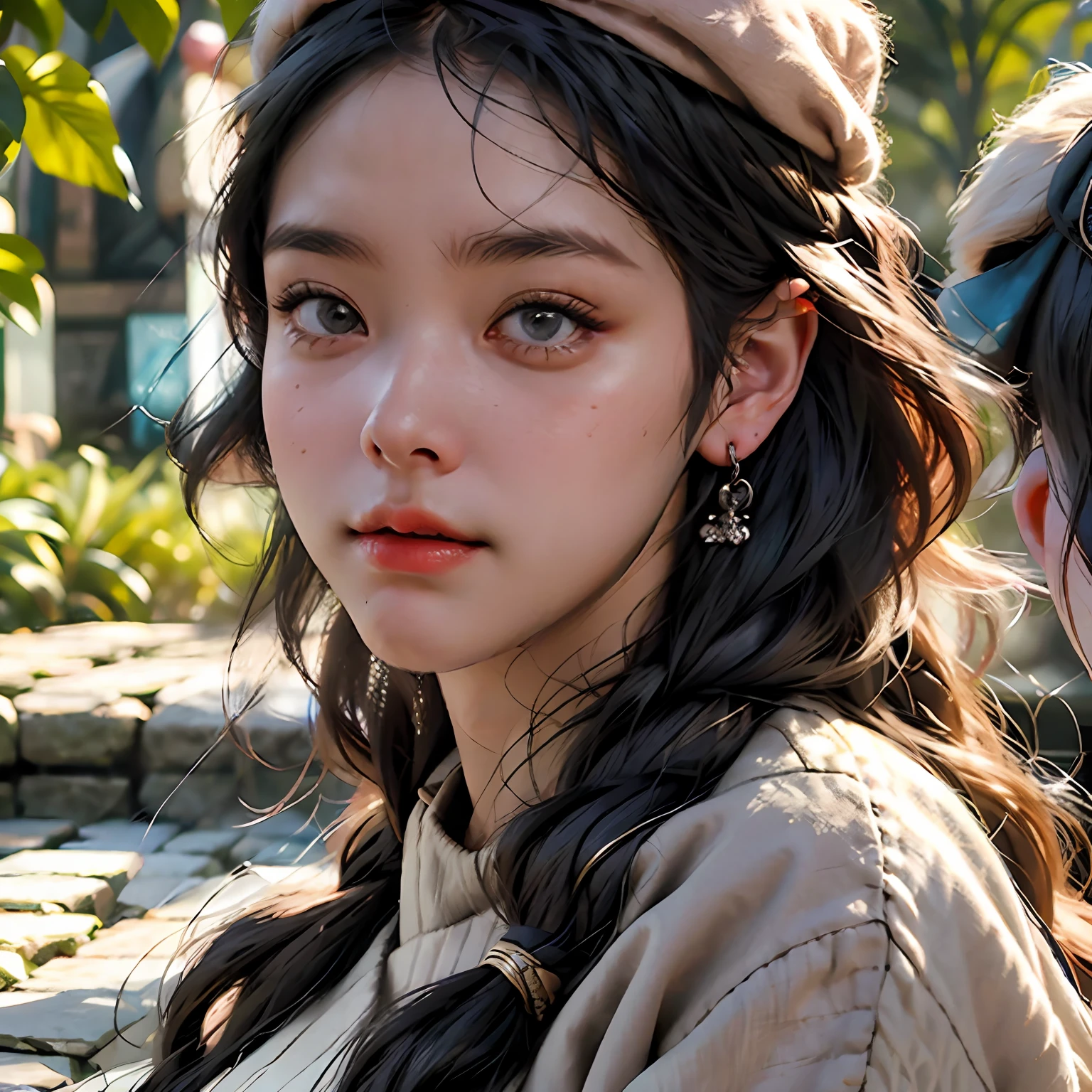 streaked hair, black hair, hair behind ear, beret, mole under eye, eye reflection, aqua eyes, blush, ear blush, saliva trail, fang out, close-up, Surrealism, depth of field, Surrealism, depth of field --auto