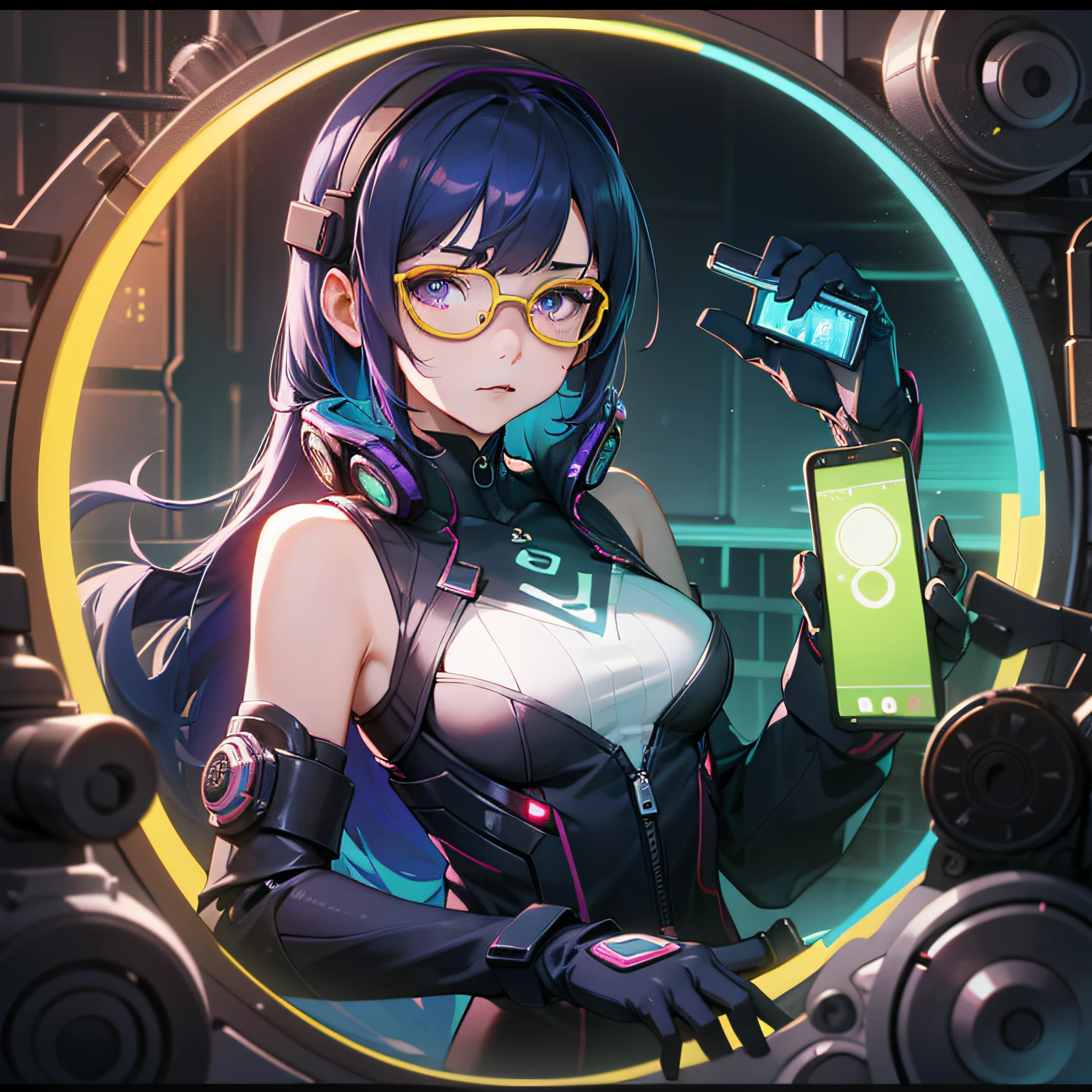 ((tmasterpiece)), ((ultra - detailed)), ((best qualtiy)), 美丽细致的眼睛, Detailed face, The best lighting, The best shades, 1 rapariga,独奏, ((cyber punk style, edge lit, machine arm,Hologram aura,Surreal Science Fiction Art,Future Science Fiction Aesthetics,Flat 2D style)), ((The main colors are purple and green)), Huge phone, (Girl inside the screen:1.5),Mobile Paradise,Orange bulb,A world made up of mobile phones,Gamepad,VR glasses,Virtual screen, freckle, Cold nose, (((Buble))), illustration,japanese inspired, (highly detailed), Whirlpool effect,