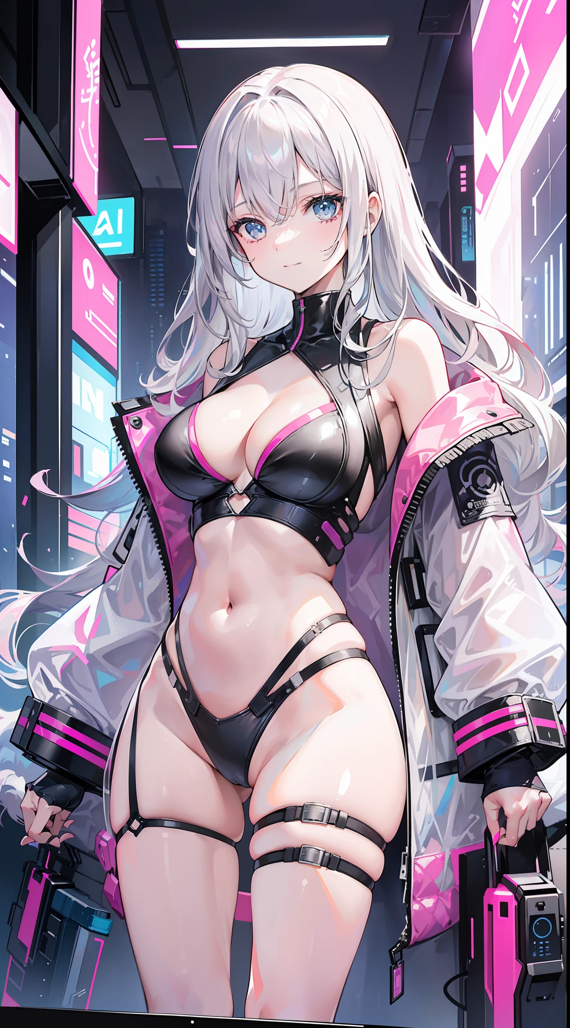 (Stylish:1.2, cool:1.1, sexy:1.1, girl),(silver-pink bikini, transparent plastic jacket, wavy hair:1.2,long hair),(portrait, waist up, slight smile), futuristic, cyberpunk.