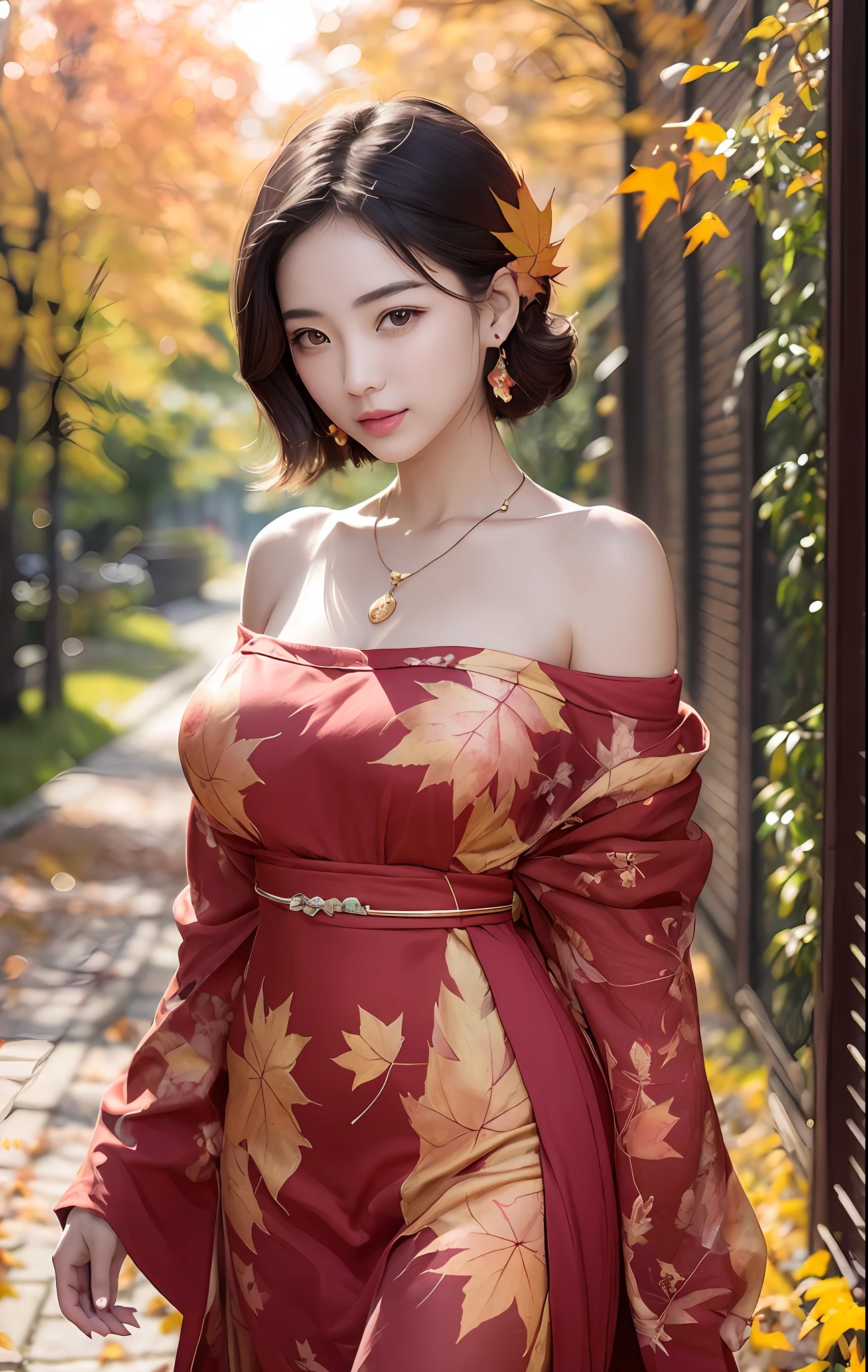 Beautuful Women、(top-quality、in 8K、32K、​masterpiece、nffsw:1.3)、(Photorealsitic:1.4)、realisitic:1.2、Detailed skin、Elegant Pose、Sunglare、lensflare、Detailed shading by sunlight、depth of fields、blurry backround、(Dark Red Off-Shoulder Dress)、
kyoto、jpn、((autumn day))、Rows of autumn leaves、ear ornament、lady's、a necklace、(A sexy:1.2)、breastsout、