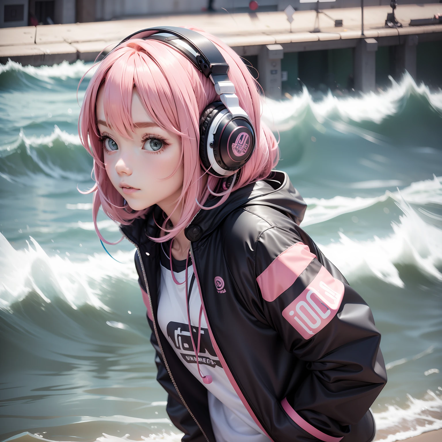 A pink-haired，With full-face headphones，Cool tide，Cute girl