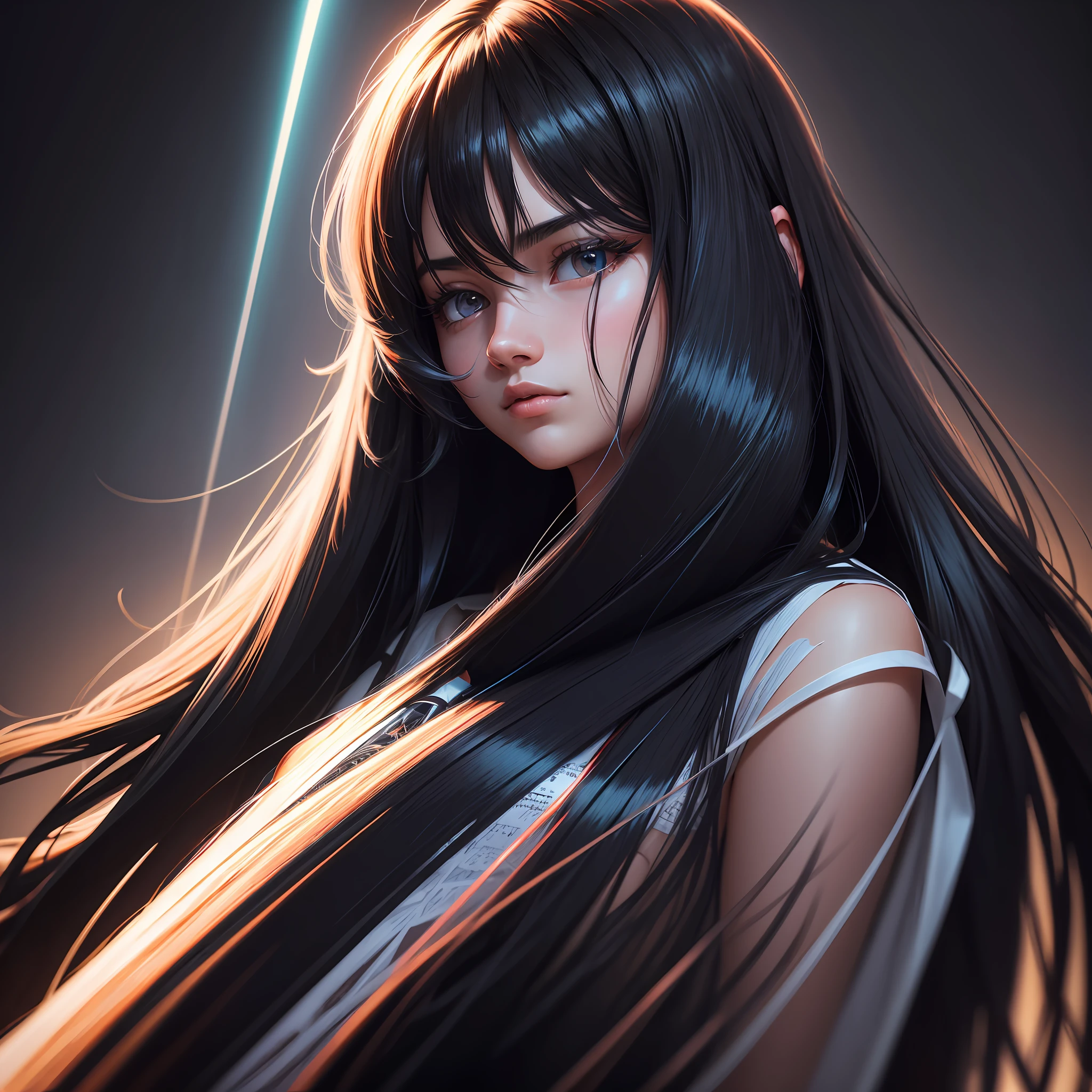 long hair, black hair, streaked hair, ray tracing, glowing light, god rays, anaglyph, Verism, UHD, masterpiece, high details, high quality --auto