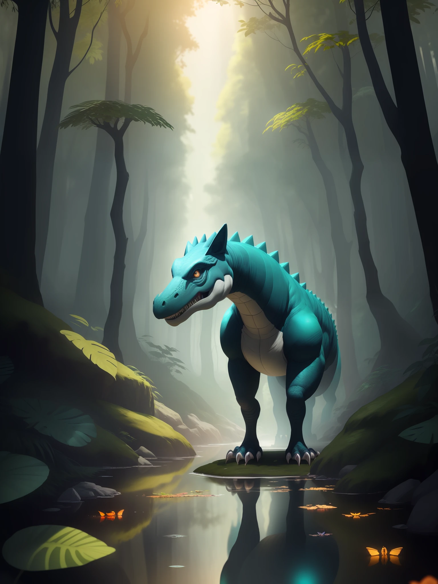 tmasterpiece,Best quality at best,A dinosaur has a wolf on its back,Extremely beautiful reflection,The best reflections。(Very detailed CG unity 8k wallpaper),(Best quality at best),(The best illustrations),(The best shadow),Forest theme with natural elements。Tall trees,quiet streams,(Jungle theme),(foliage),(tree branch),(glowworm),butterflys,(exquisite leaves),(with light glowing),(particle effect)。 , isometric 3D, Octane rendering, Ray traching, ultra-detailliert