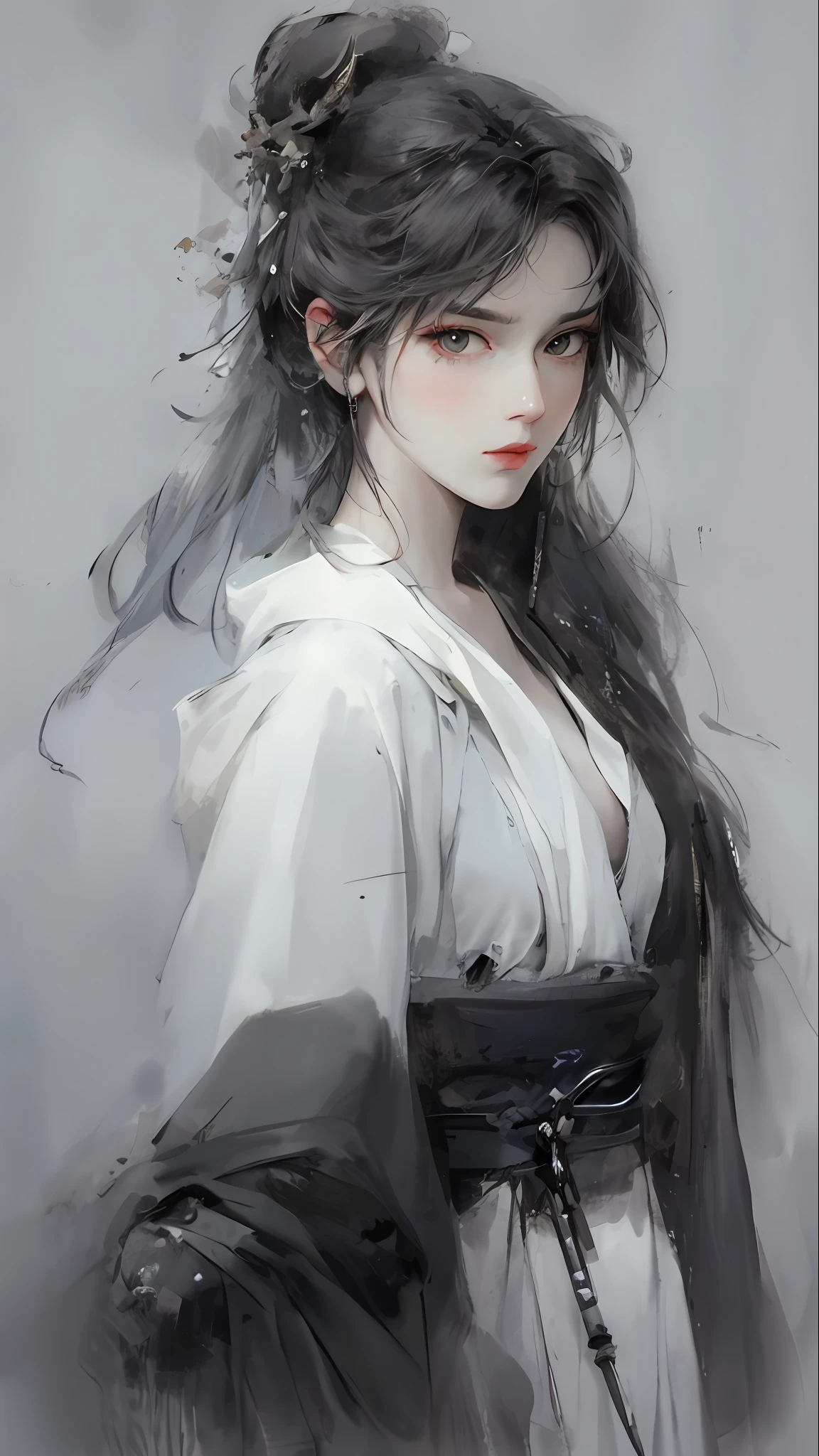 close-up of a woman with white hair and white mask，Belle peinture de personnage，Guviz，Guviz-style artwork，White-haired god，Yang J，Epic and beautiful character art，Stunning character art，FAN Qi，Wu Zhun Shifan，Guvitz at the Pixiv Art Station，detail-rich，holding a weapon，plethora of colors