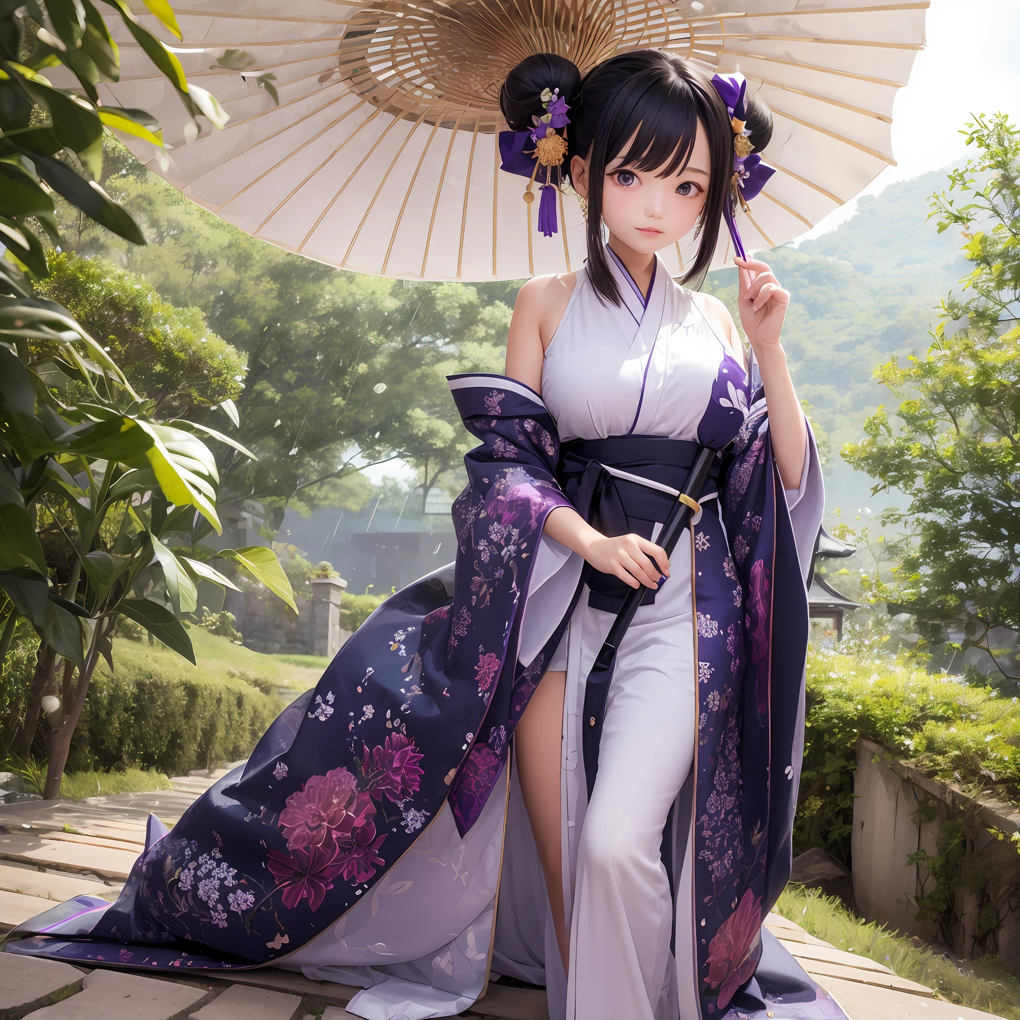 The upper part of the body、1人、A dark-haired、Bun hair、mansion、Purple Eye、Gorgeous kimono、off shoulders、Very large breasts、Chest、Holding a parasol、Japan anime-style odd eye spell, rain falling