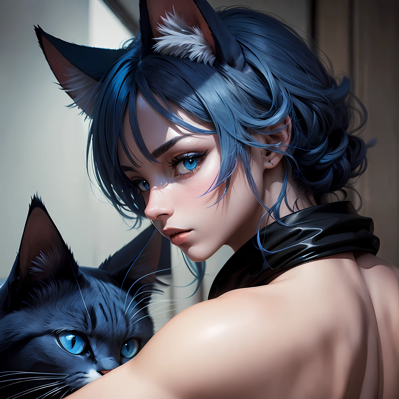 A blue cat,Head up,domineering side leak,Black shading --auto