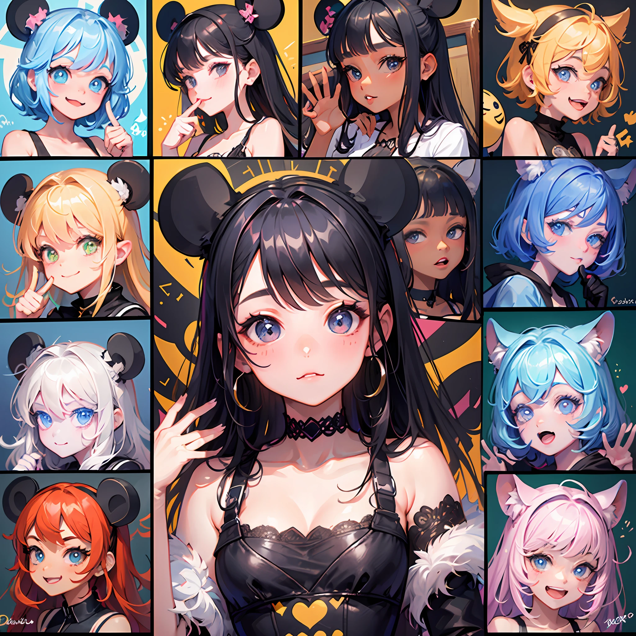 cute girl, emoji pack, 9 emoticons, emoji sheet, multiple poses and expressions, anthropomorphic style, Disney style, black strokes, different emotions,multiple poss and expressions, 8k