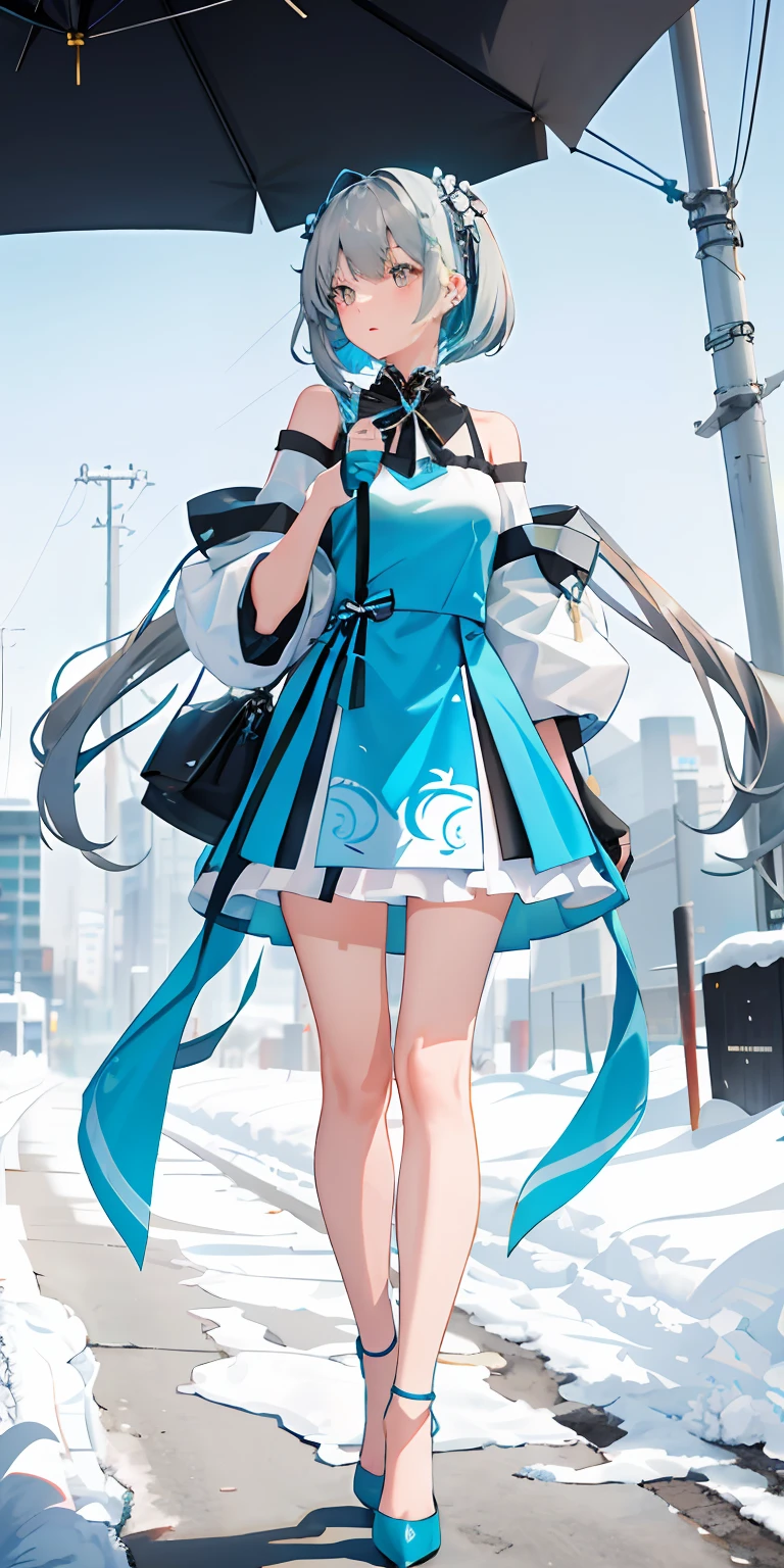 one-girl，独奏，Gray hair with cyan dye，Look up at the perspective，off the shoulder dress，high-heels，leg loops，Cyan manicure