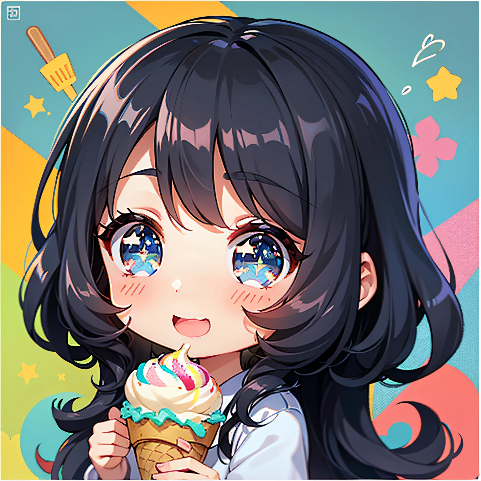 perfect-composition、Perfect pictorial composition、Cartoon girl with long hair、cartoon artstyle、Cartoon Cute Girl、Chibi Girl、Chibi、cute cartoon style、Cute art style、Cartoon style、Cartoon style illustration、Digital art of cartoons、Cute digital art、Cute anime girl、Chibi、estilo chibi、Kawaii Girl、an anime drawing、pop-art、Cartoon style illustration、3Equivalent、Head large、kawaii eyes、radiant eyes、Sparkling eyes、kawaii faces、Innocent face、smooth hair、Black hair、Black hair、ice cream、Cooking ice cream、kindly smile、having a ice cream、Ice cream shop、Ice cream、store clerk