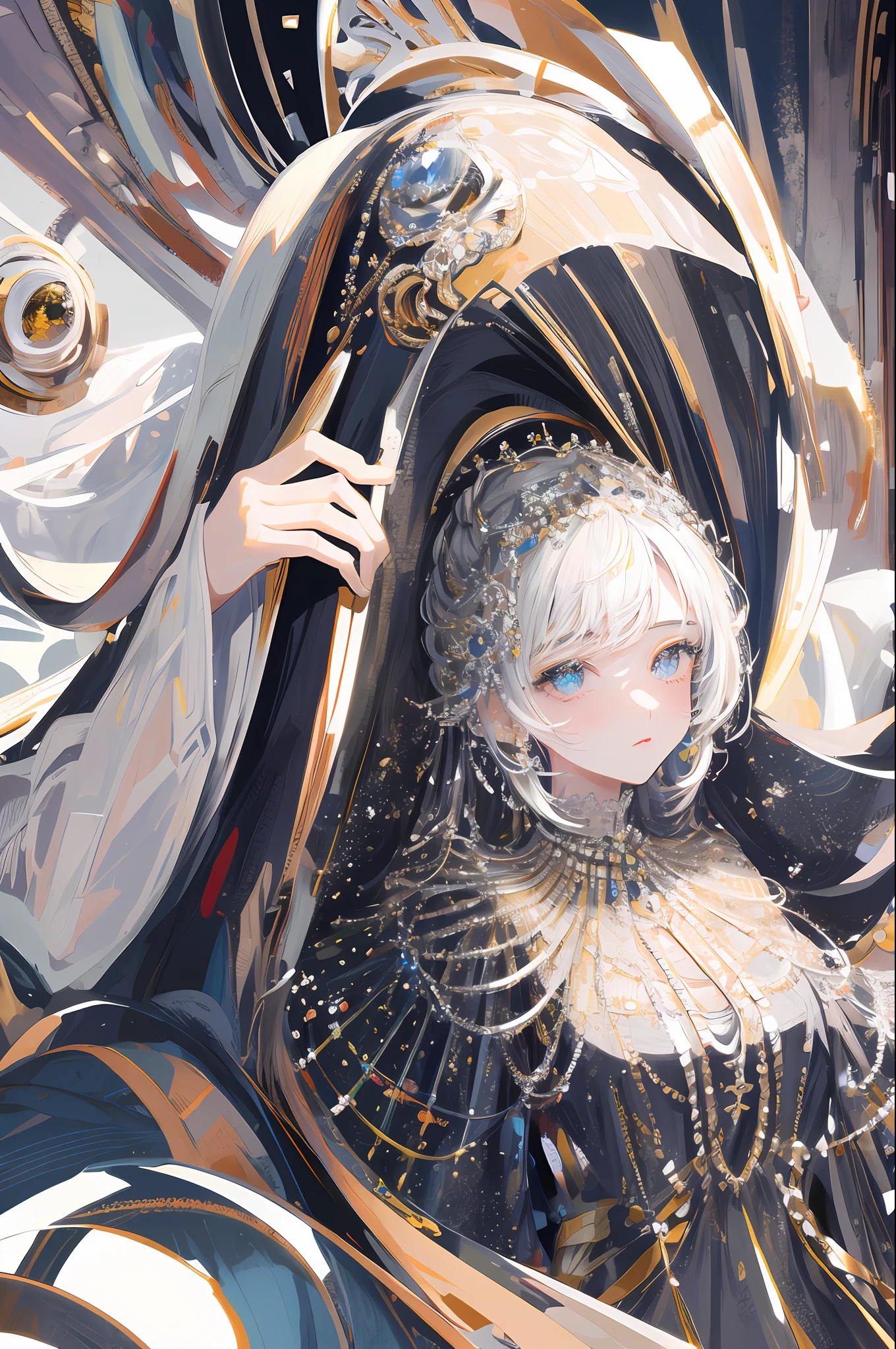 ((masterpiece, best quality, ultra-detailed, high-resolution)), solo, beautiful girl, gleaming eye, perfect eye, , black white gold theme,