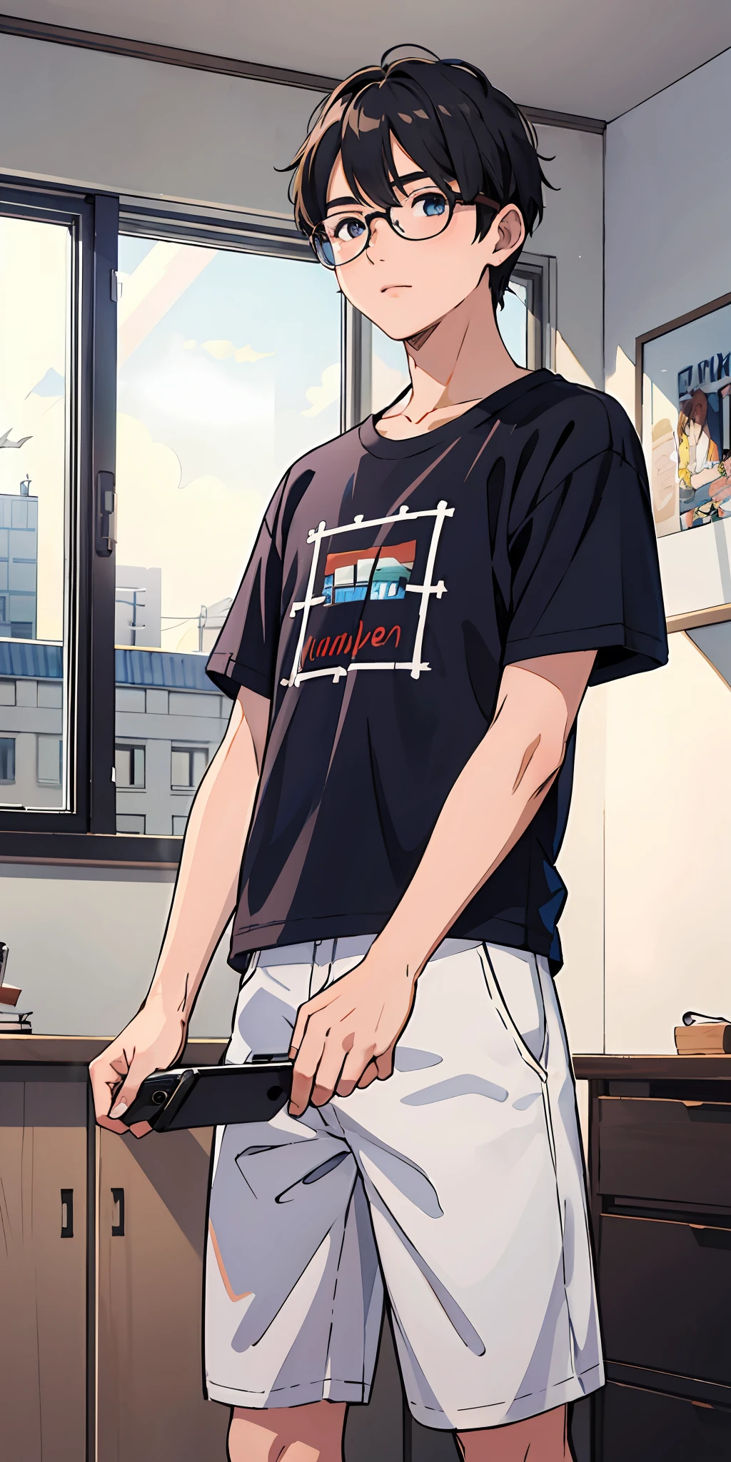 (top-quality、masterpiece)、1 boy、26 year old、A stunning、A dark-haired、eye glass、shortsleeves、tshirts、Plain T-shirt