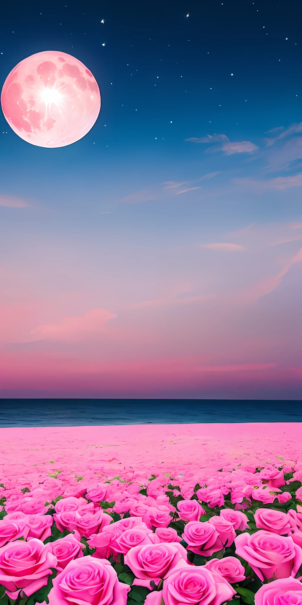 Pink moon, pink sky, soft pink clouds, pink ocean waves sparkling, sparkling, pink roses on pink ocean, fantasy, diamond, crown, universe, soft lights,