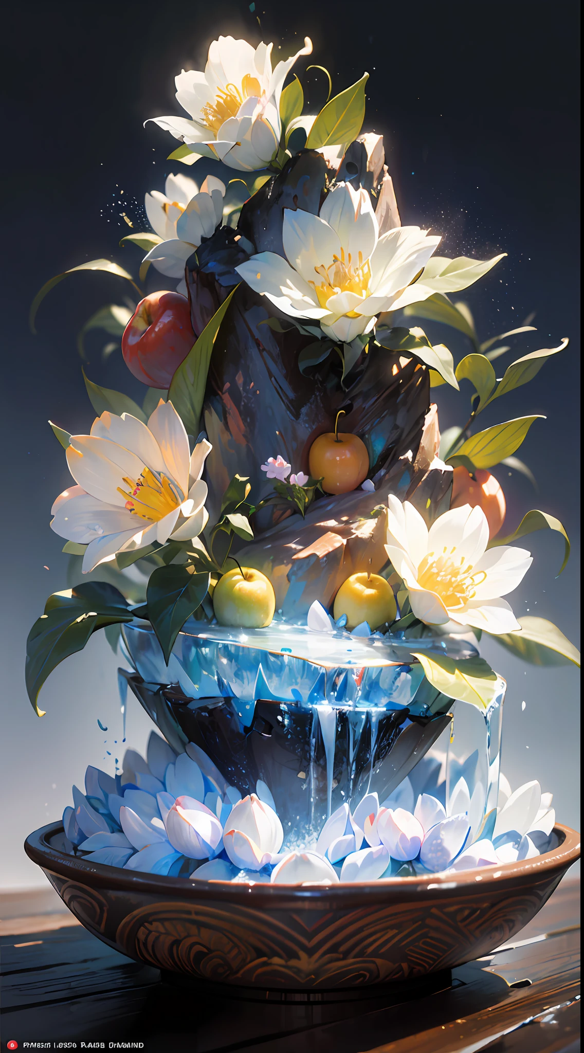 best quality, realistic, photorealistic,  ultra detailed, "Mountain of Flower and Fruit+Fairy+Chinese Architecture" highly detailed carving on "southern ice" porcelain,Ultra wide angle,Accent Lighting,Volumetric Lighting,backlighting, (detailed light),((an extremely delicate and beautiful)),dramatic_shadow,ray_tracing,hdr