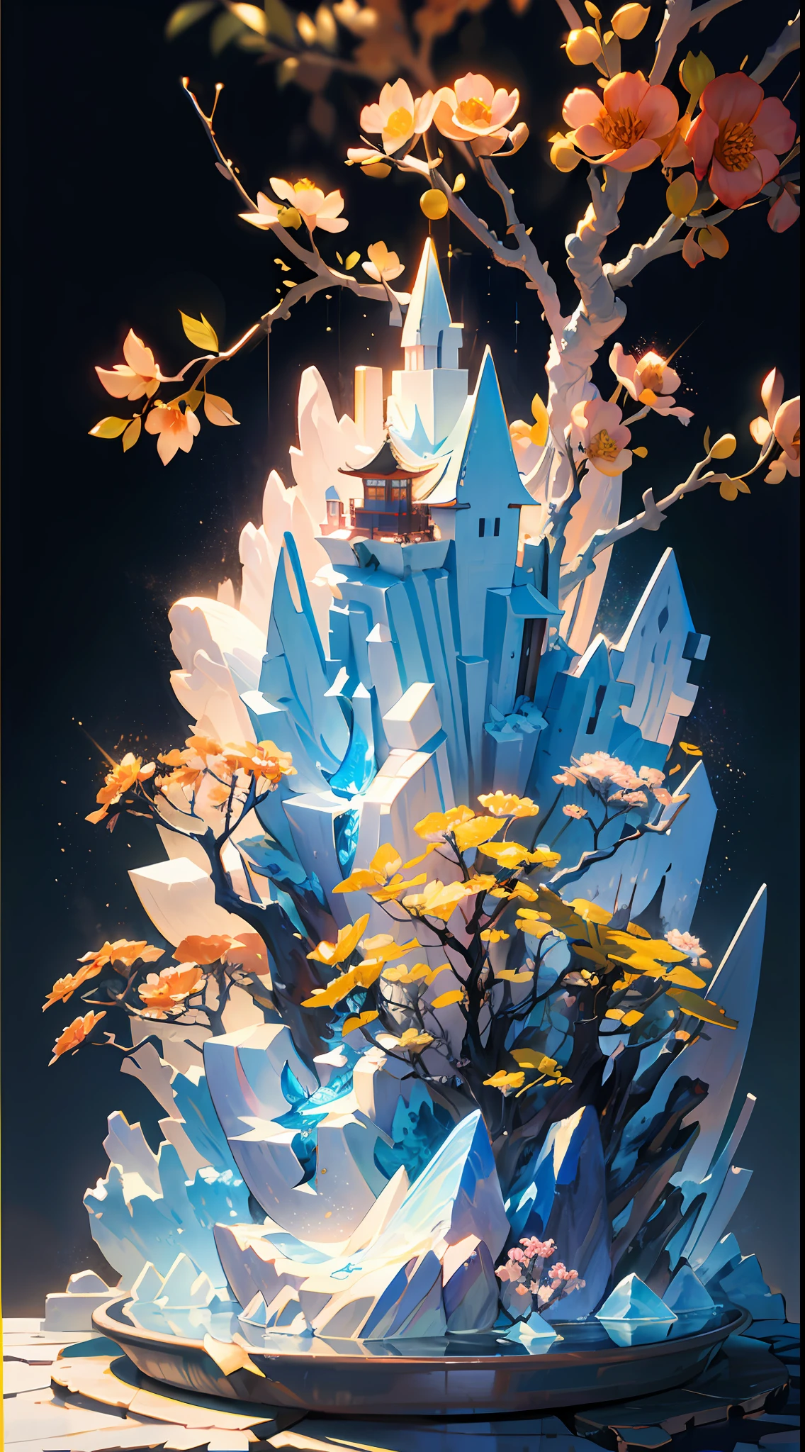 best quality, realistic, photorealistic, ultra detailed, "Mountain of Flower and Fruit+Fairy+Chinese Architecture" highly detailed carving on "southern ice" porcelain,Ultra wide angle,Accent Lighting,Volumetric Lighting,backlighting, (detailed light),((an extremely delicate and beautiful)),dramatic_shadow,ray_tracing,hdr