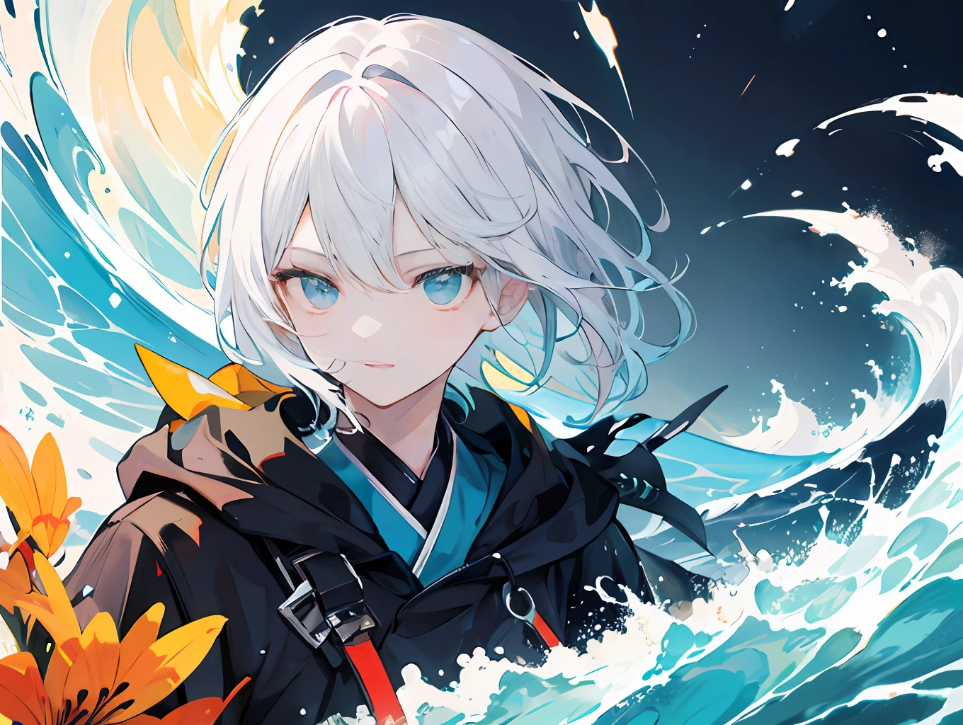 (masterpiece, best quality, detailed eyes), White-haired men on the flower sea, minimalism, Iarge area green, animated art style, palette bright,Oshare Kei, dark white and amber, loose strokes, dark white and light sky blue,Sengi, precision painting, Traincore, Korea Wave