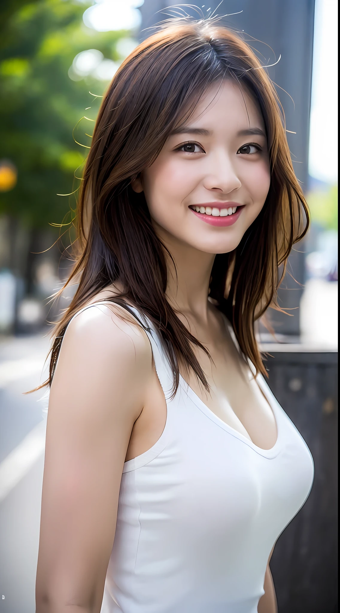 Beautiful woman with a mature atmosphere、25-years old、Tank top wet with sweat、goddes、Bloom、lensflare、(8k、RAW、proffesional、finely best quality、​masterpiece:1.2)、(realisitic、Hphotorealistic:1.37)、ultra-detailliert、(25mm portrait front view)、(Highest Details Skins:1.2)、(Supreme Detail Face:1.2)、Cinematographic lighting、1womanl、japanes、Short-cut brown hair、(Windy)、Walking on a street corner、Warm white light、An embarrassed smile、shot from front、((finely best quality、8k、​masterpiece:1.3))、Beautiful woman with perfect figure:1.4、Slender Abs:1.3、((dark brown  hair、huge tit:1.2))、Highly detailed facial and skin texture、A detailed eye、二重まぶた、huge tit、