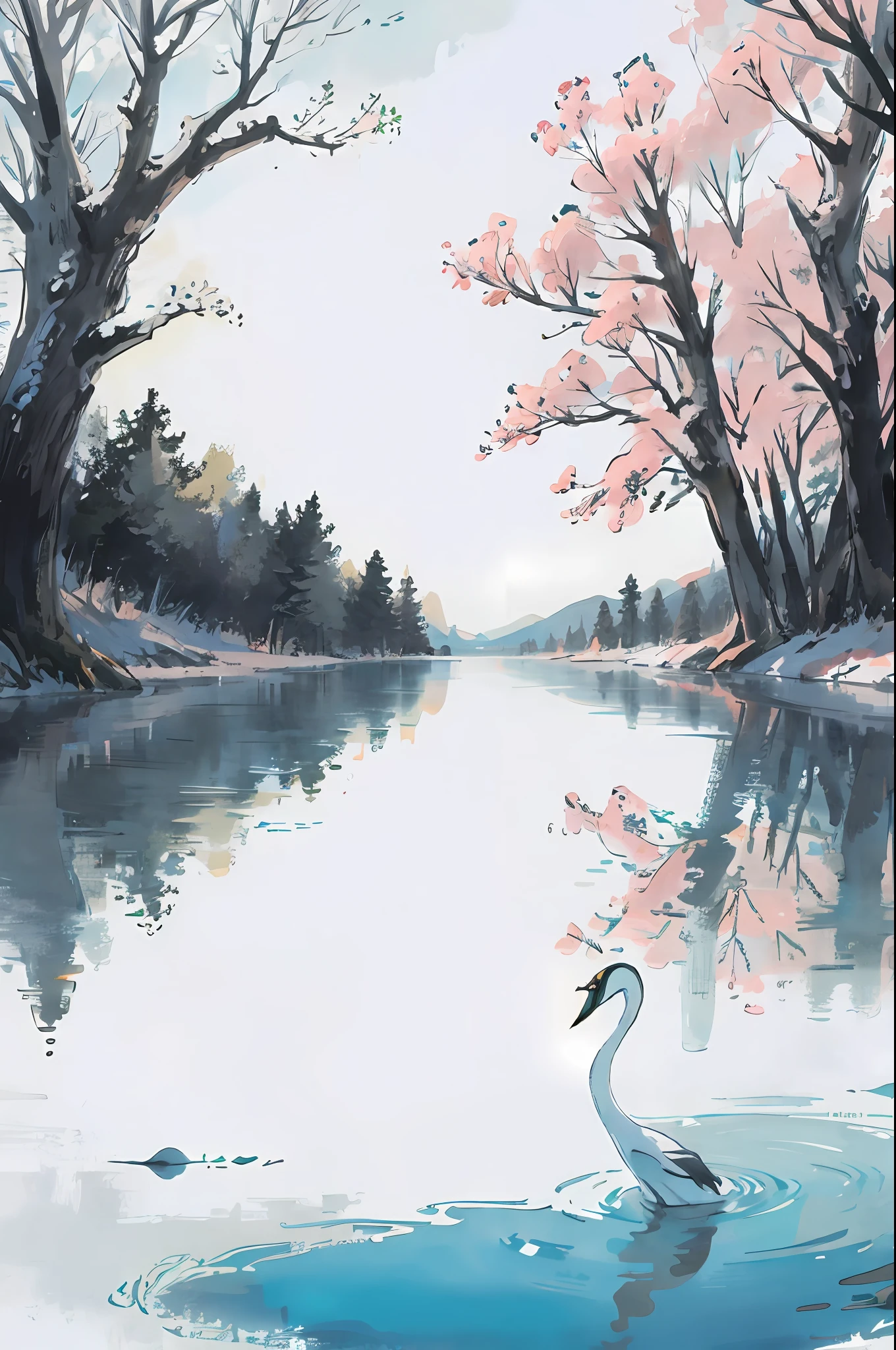 bit girl,black color dress,White stockings,Lake,swans