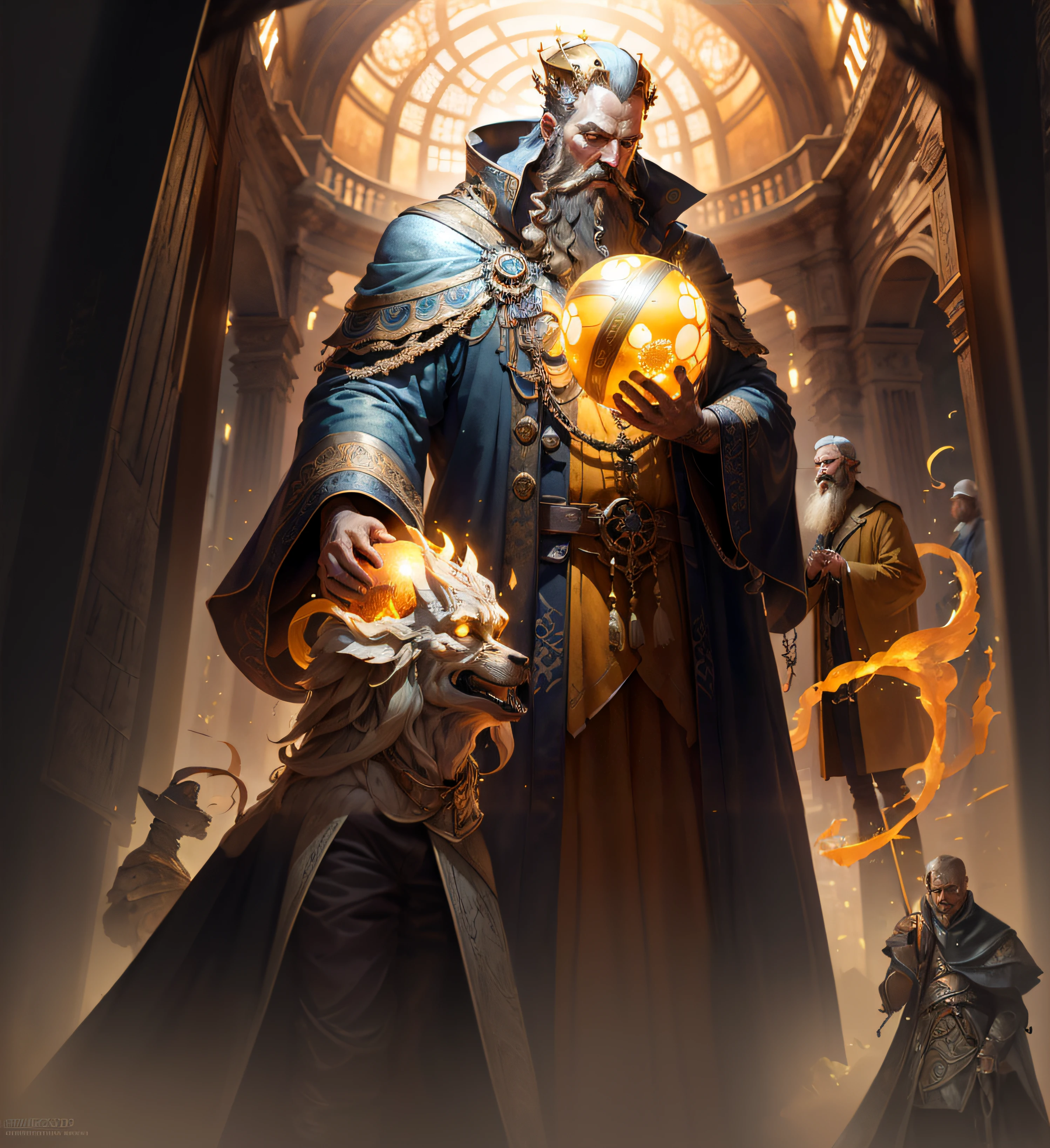 There is a man holding a glowing ball in his hand, fantasy card game art, Fantasyart, an arcane wizard casting a spell, tuomas korpi and wlop, epic fantasty card game art, tolkien and michael komarck, epic fantasy card game art, mohrbacher