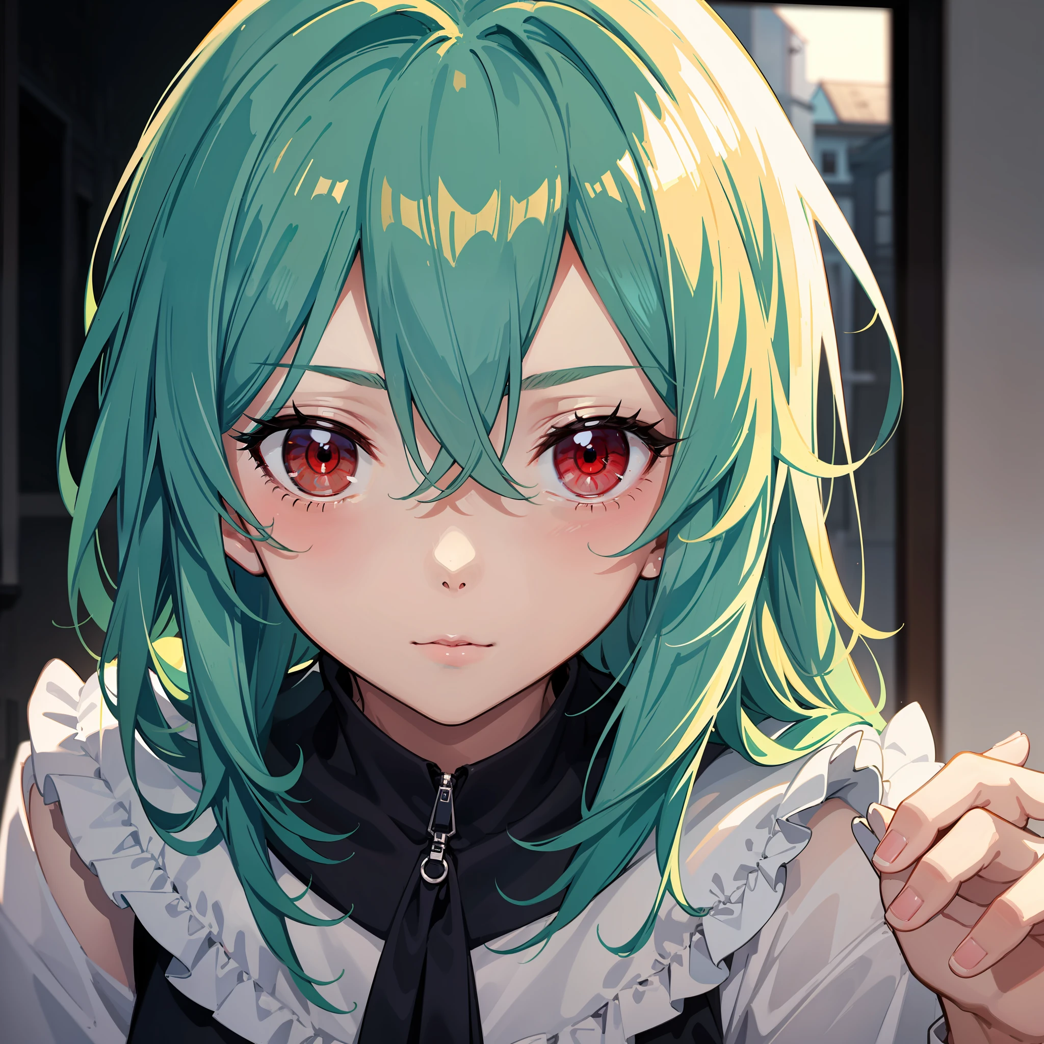 8K,tmasterpiece,Wallpapers,white backgrounid,The upper part of the body,1girll,Solo,Light green hair,Light red eyes,New house 45 degrees,A tranquil,expressiveless