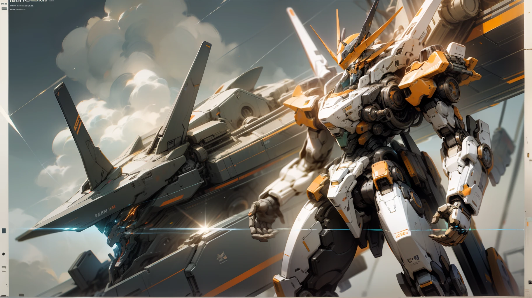 Skysky，​​clouds，Holding_arma，No_Humanity，with light glowing，，droid，buliding，Glowing_Eyes，Mecha，scientific fiction，城市，Realistis，Mecha Orange：dominant colors。 mechs：Poster theme，Represents the technology and power of the future。 Cool：Poster overall style，Emphasize visual impact and appeal。 Advanced illustration：Express the drawing style and artistic level of the poster。 detail-rich：Features of mecha models，Emphasis on detail and precise representation of human proportions。 Color matching：Orange is harmoniously combined with other colors，Enhance visual effects。 Texture：Texture and material representation of mech models，For example, Metallic texture、textured, etc。 Dynamic：Through effects such as poses and backlighting，Show the dynamics and combat atmosphere of the mech。 Background with：Choose a background that suits the mecha theme，Enhance visual effects。Mecha poster Orange and white color scheme Accurate human anatomy Rich detail depiction Rich and reasonable background Research and inspiration gathering Composition and sketching Body structure and detail design Highlights and shadows Color rendering Digital tools Background design Perspective and light effects Color combinations and brightness contrast Painting software Visual impact Final touches and adjustments